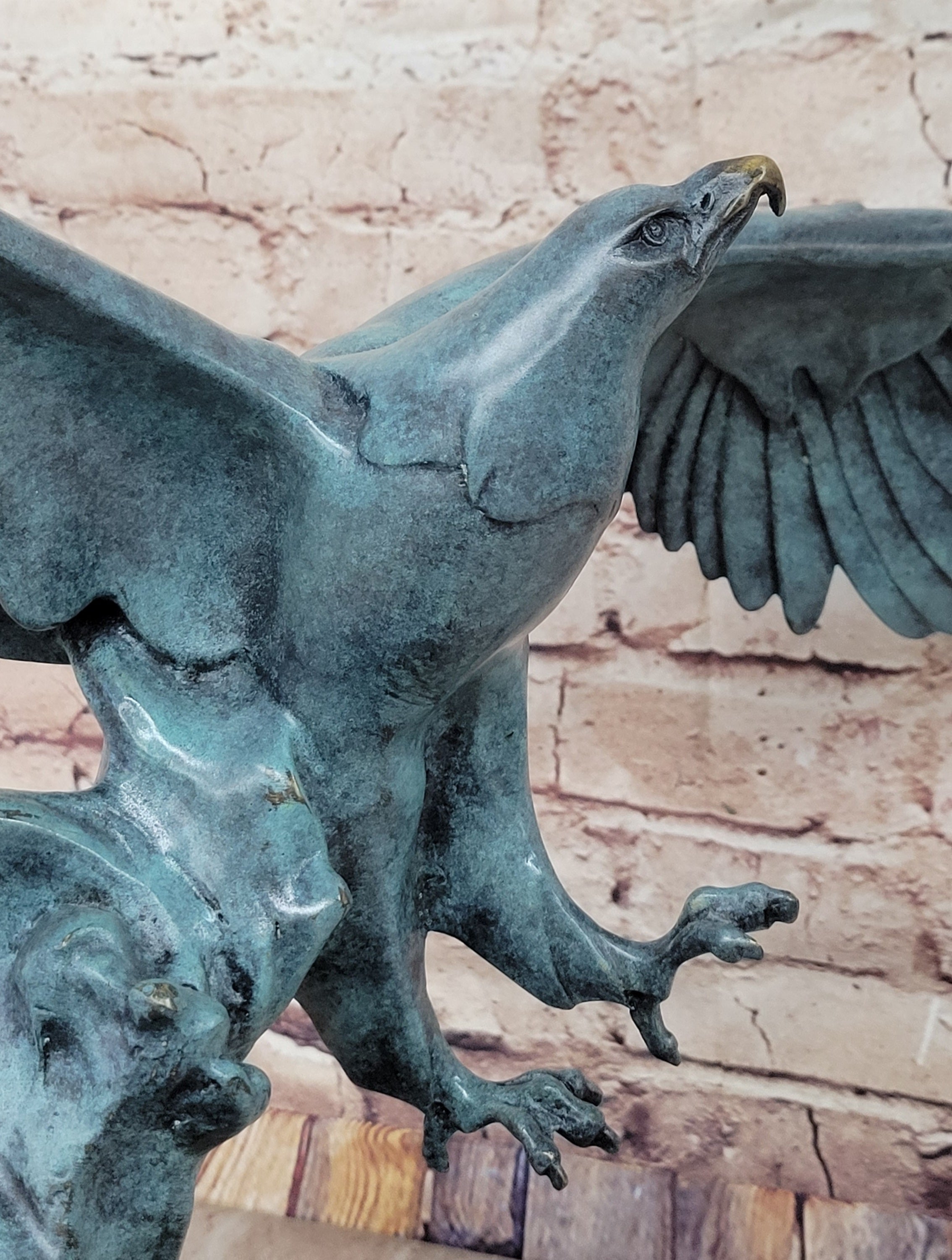 American Bald Eagle Wings Spread Green Bronze Sculpture Statue on Marble Base