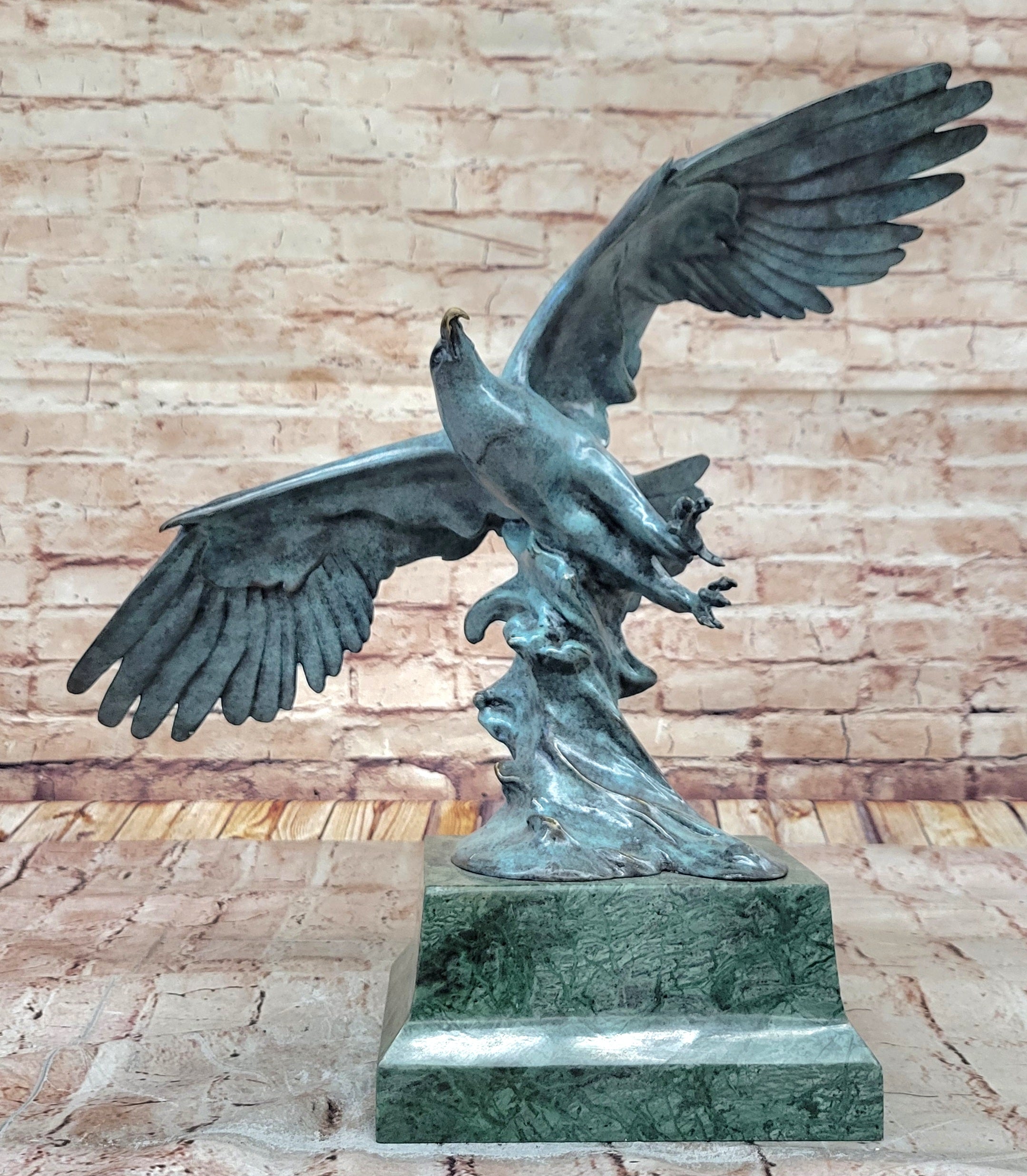 American Bald Eagle Wings Spread Green Bronze Sculpture Statue on Marble Base
