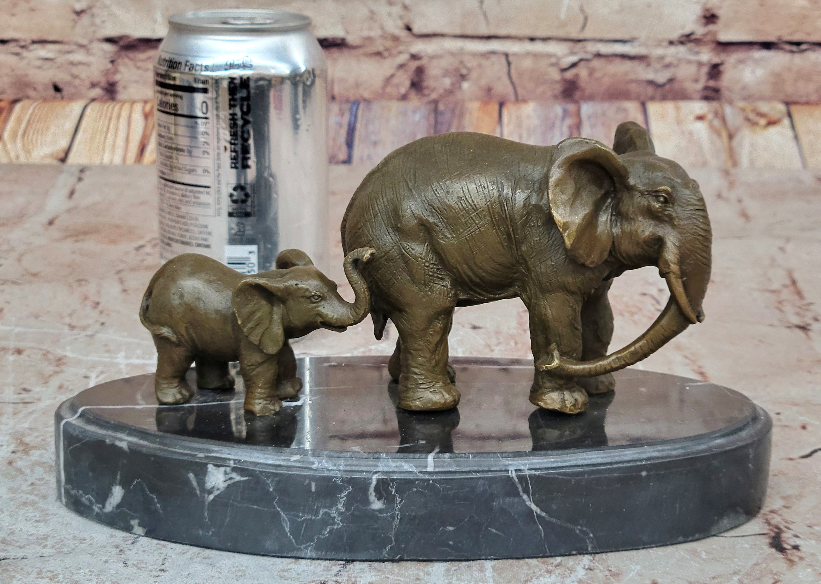 Mother and Child Elephant & Calf Barye Bronze Sculpture on Marble Base