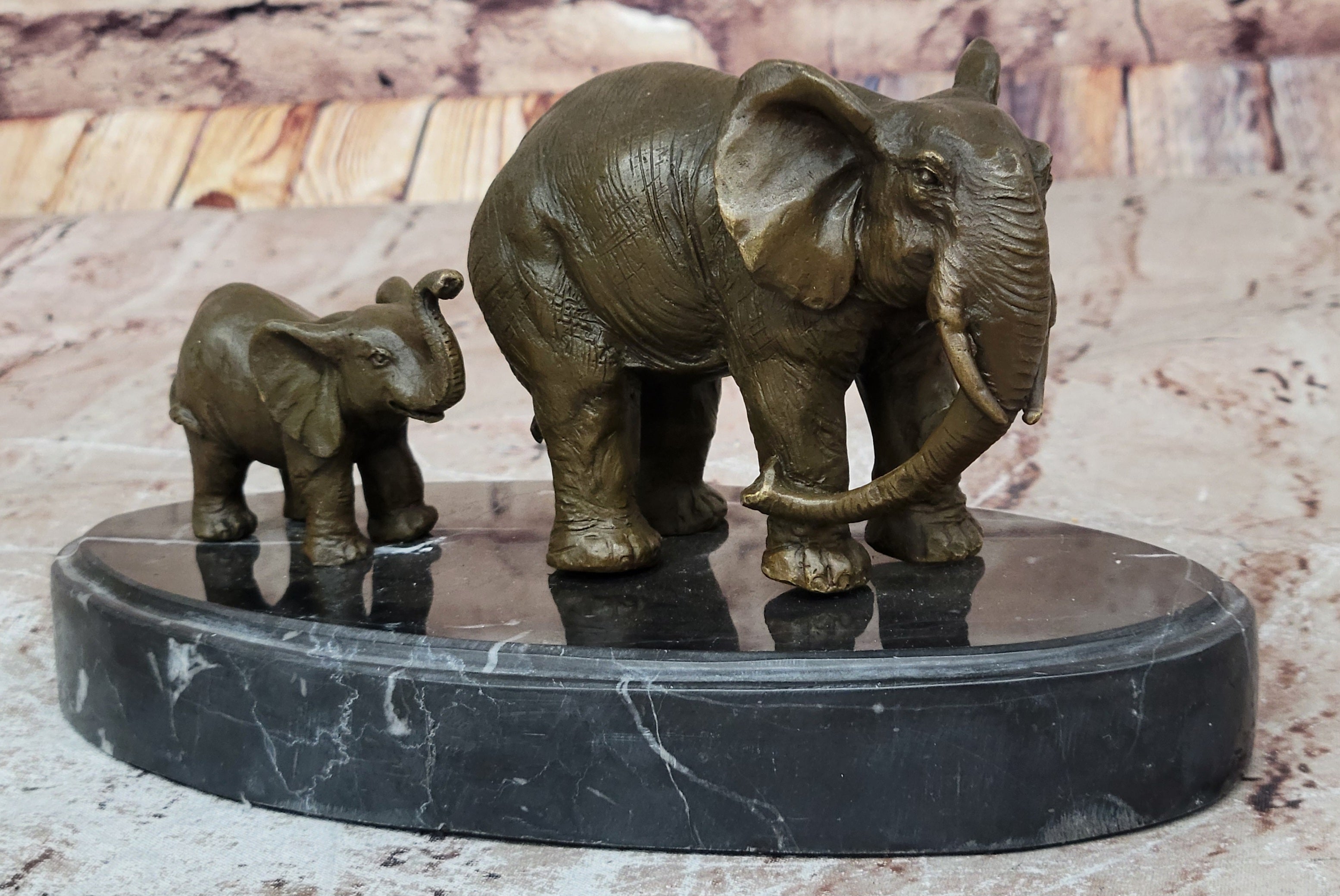 Mother and Child Elephant & Calf Barye Bronze Sculpture on Marble Base