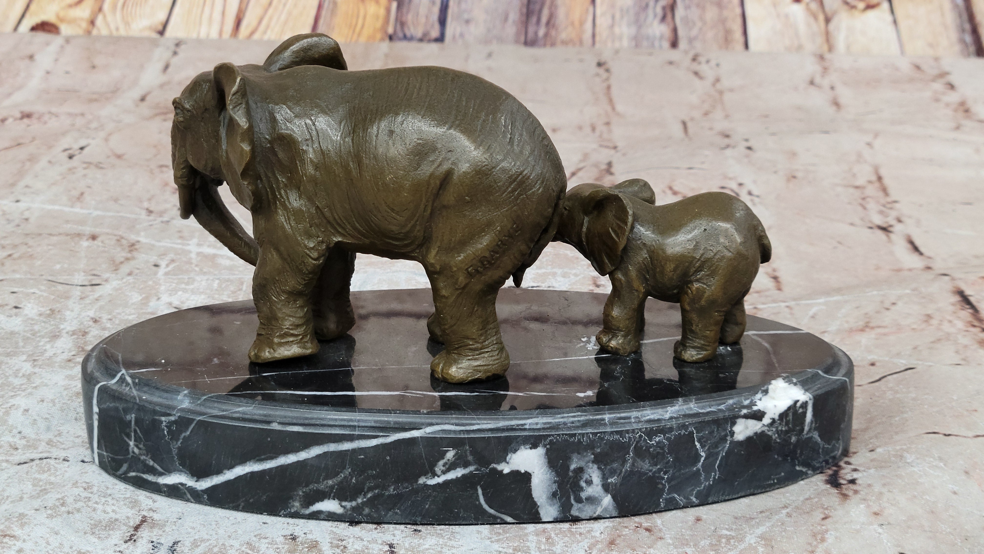 Mother and Child Elephant & Calf Barye Bronze Sculpture on Marble Base