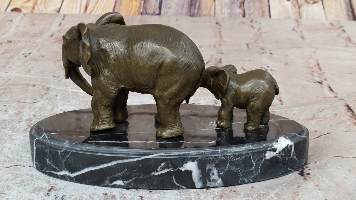 Mother and Child Elephant & Calf Barye Bronze Sculpture on Marble Base