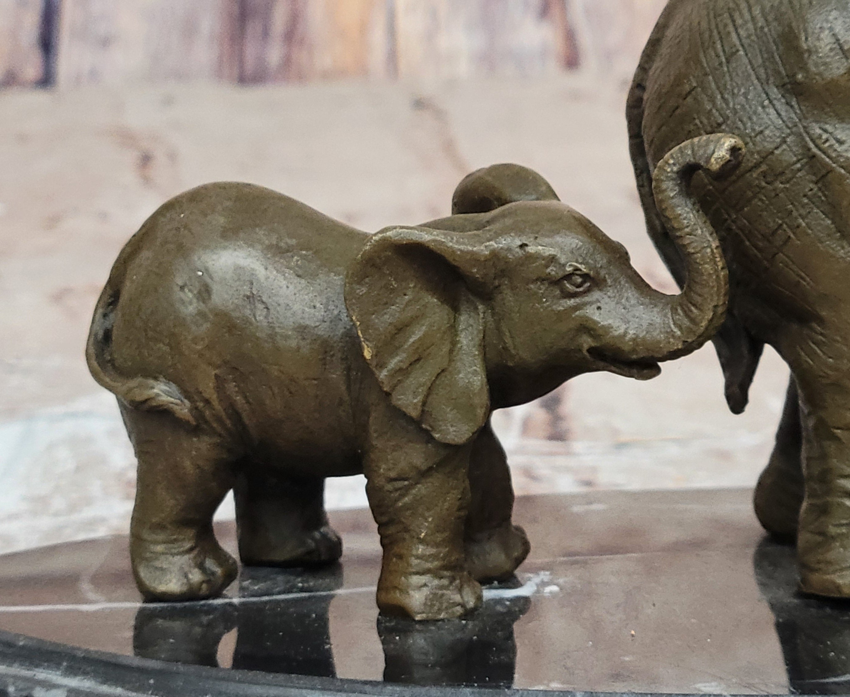 Mother and Child Elephant & Calf Barye Bronze Sculpture on Marble Base