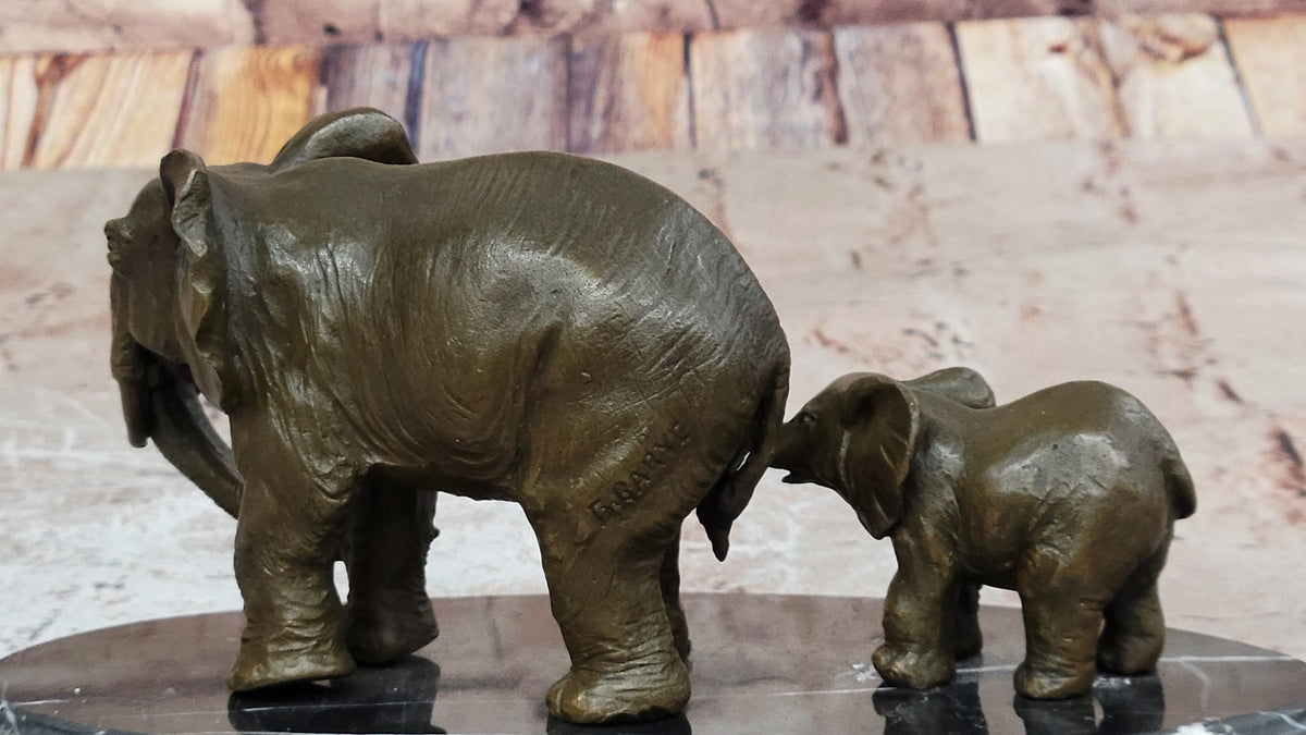 Mother and Child Elephant & Calf Barye Bronze Sculpture on Marble Base