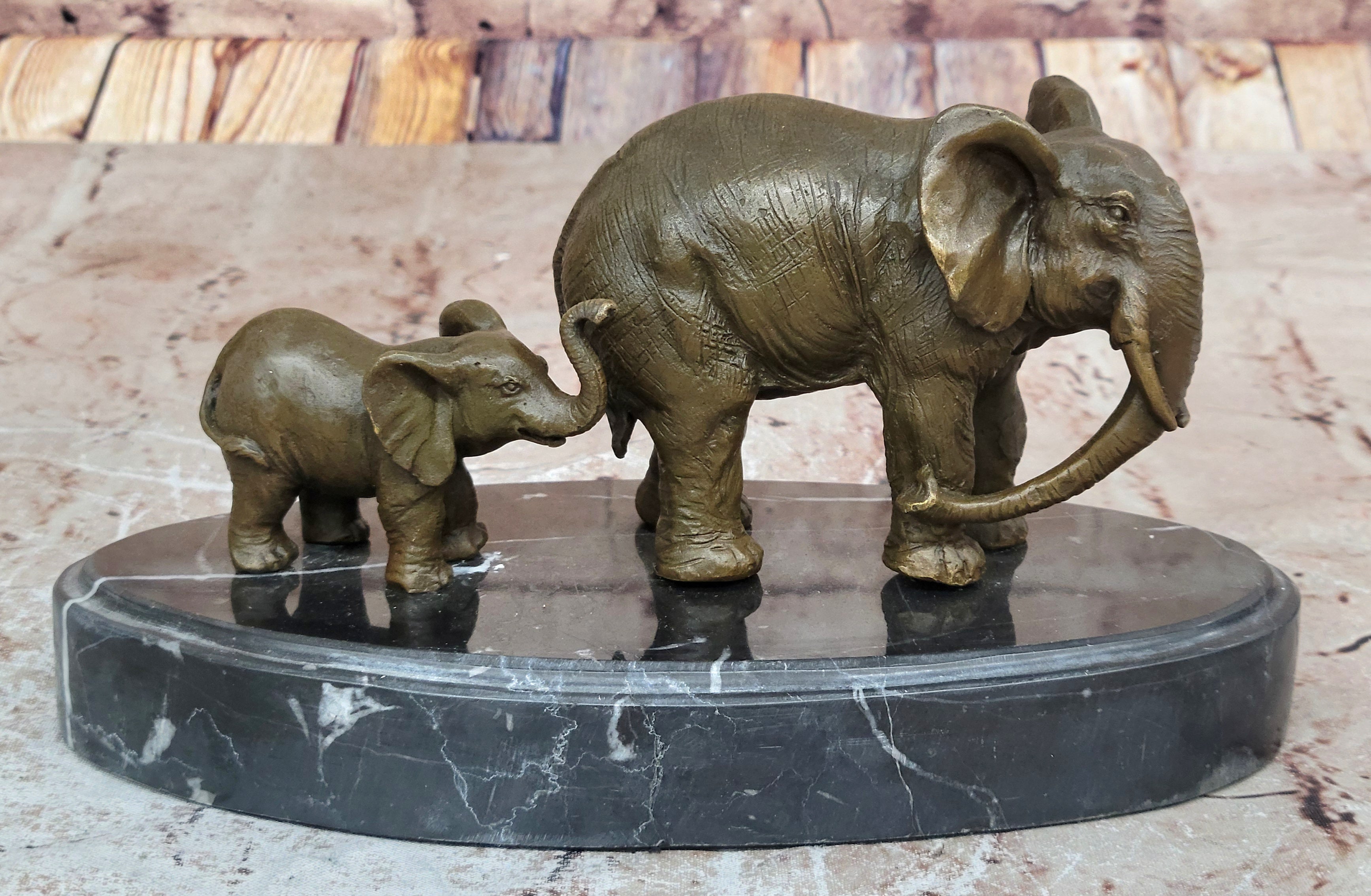 Mother and Child Elephant & Calf Barye Bronze Sculpture on Marble Base