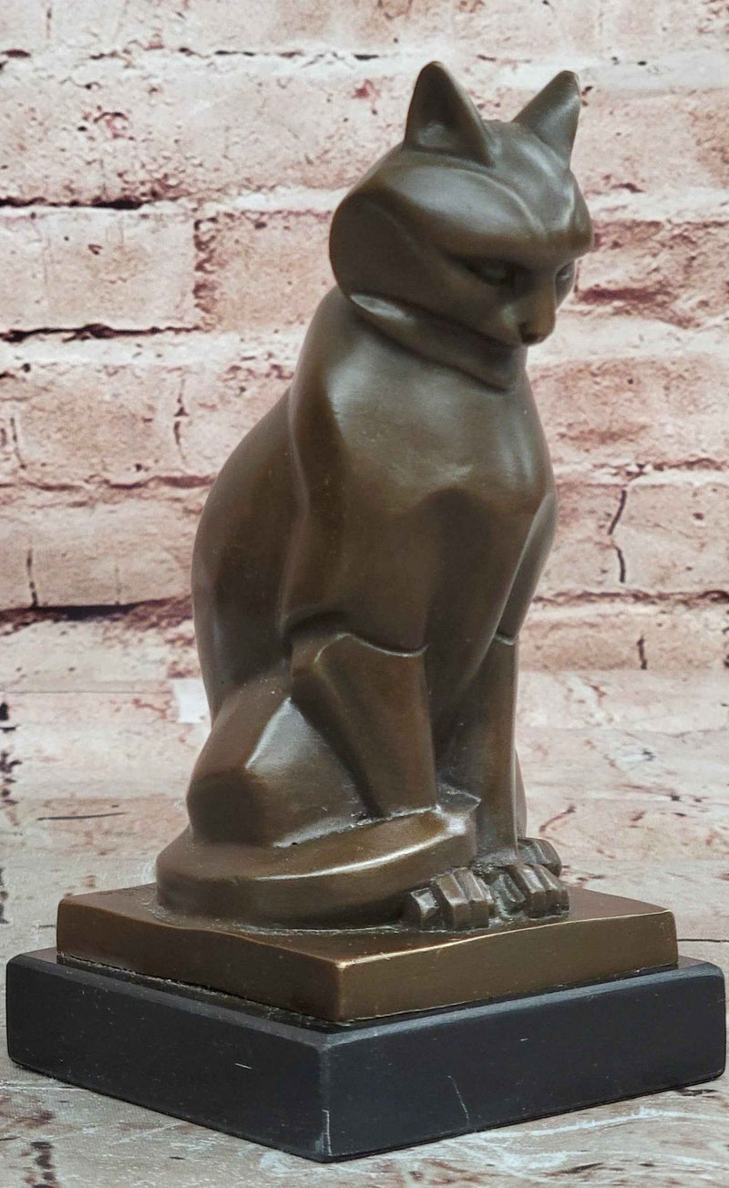Art Deco Bronze Cat Sculpture – Stylized Feline Animal Statue