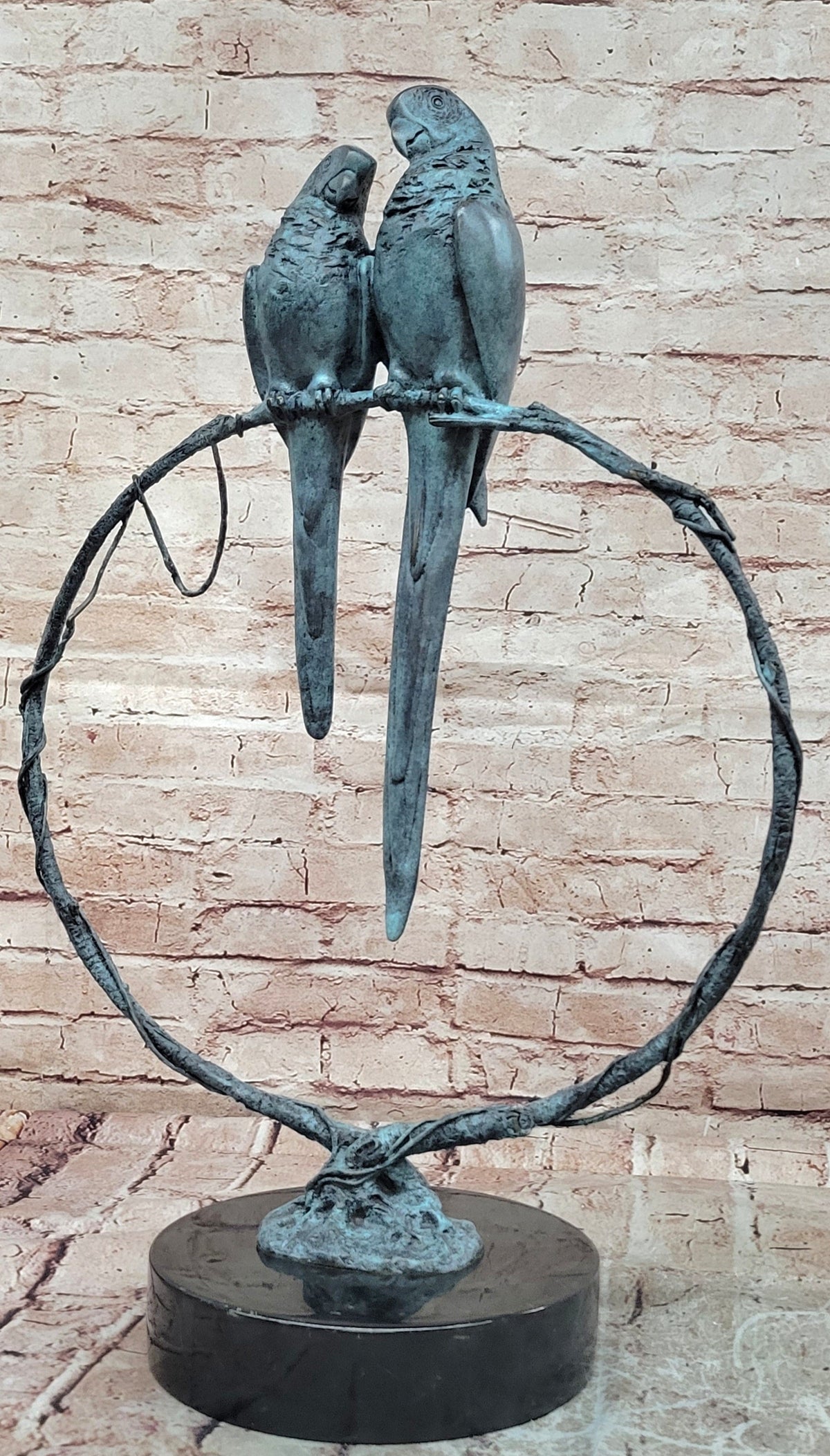 Bronze Parrot Pair Sculpture Lovebirds Branch Decor