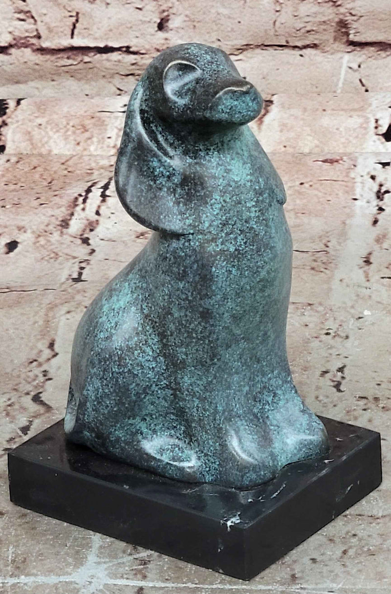 Abstract Bronze Sitting Dog Sculpture with Green Patina on Marble Base