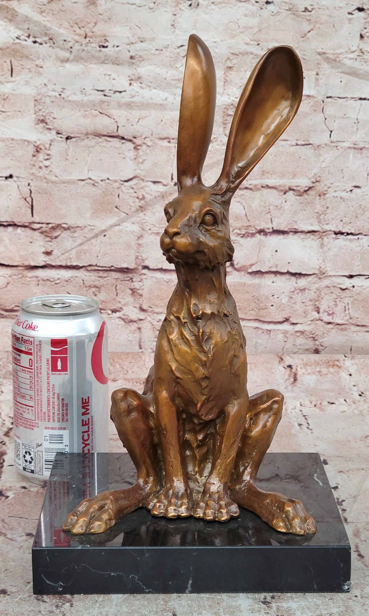 Whimsical Long Eared Hare Rabbit Bronze Sculpture on Marble Base