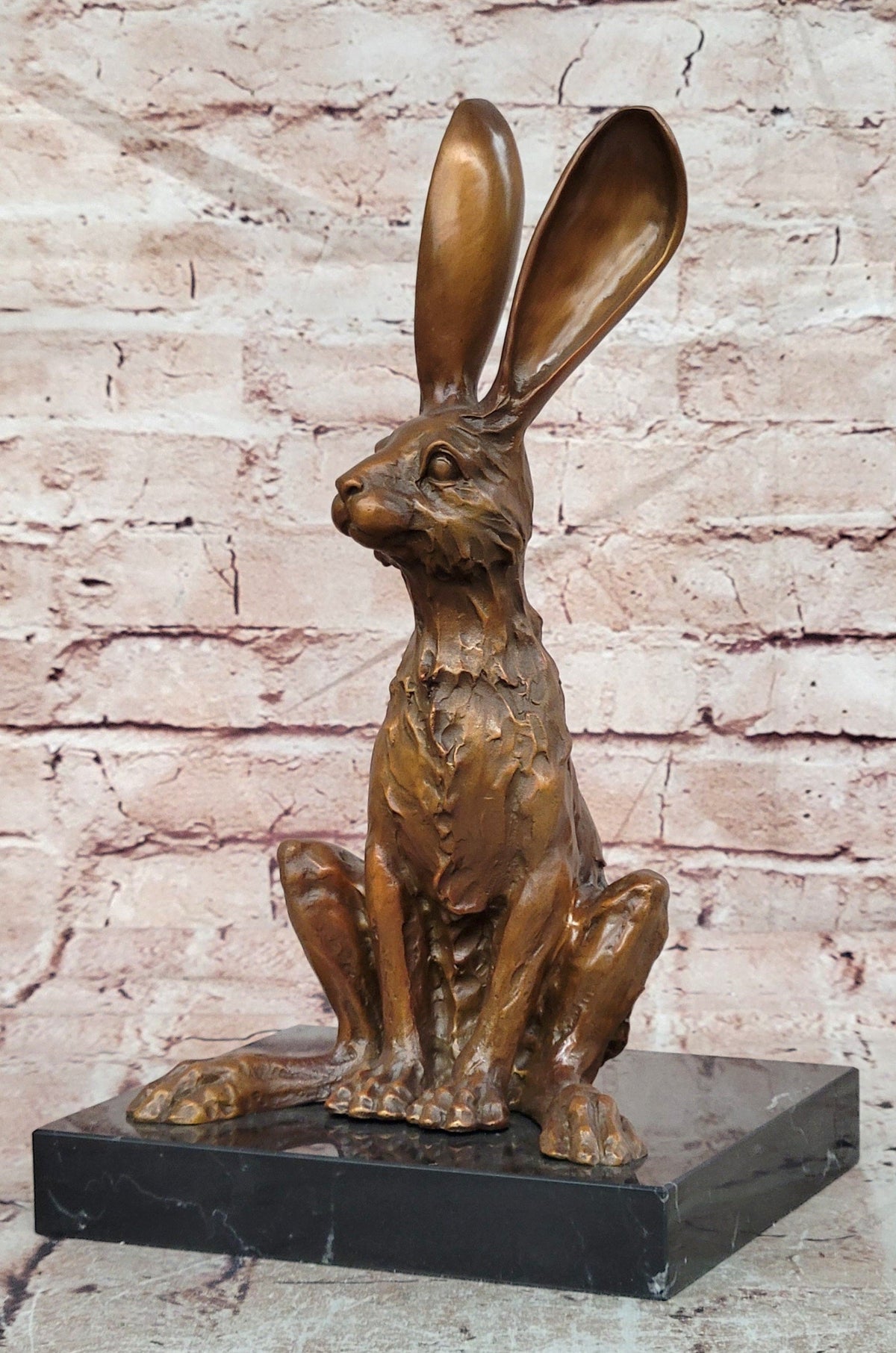 Whimsical Long Eared Hare Rabbit Bronze Sculpture on Marble Base