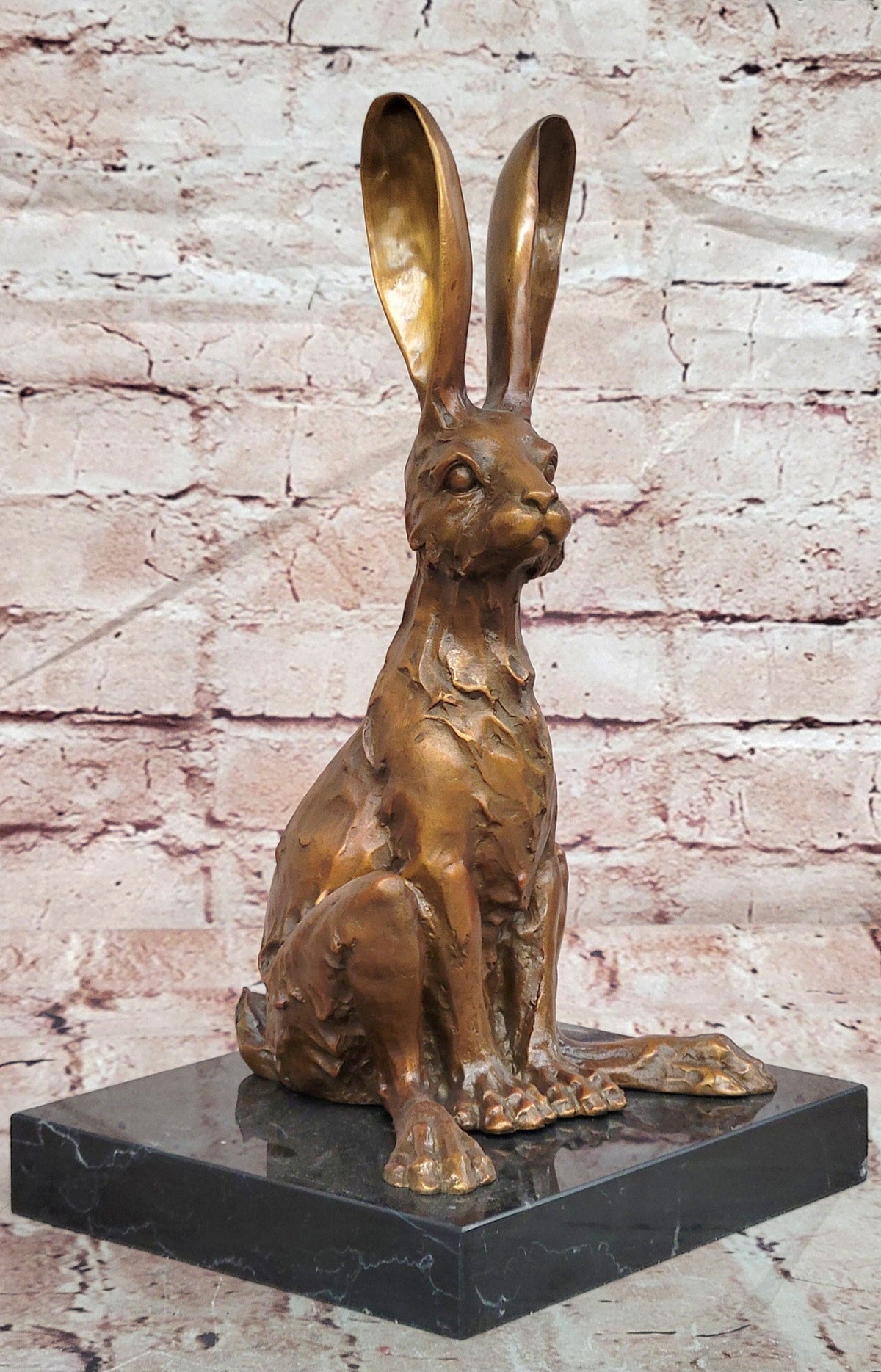 Whimsical Long Eared Hare Rabbit Bronze Sculpture on Marble Base