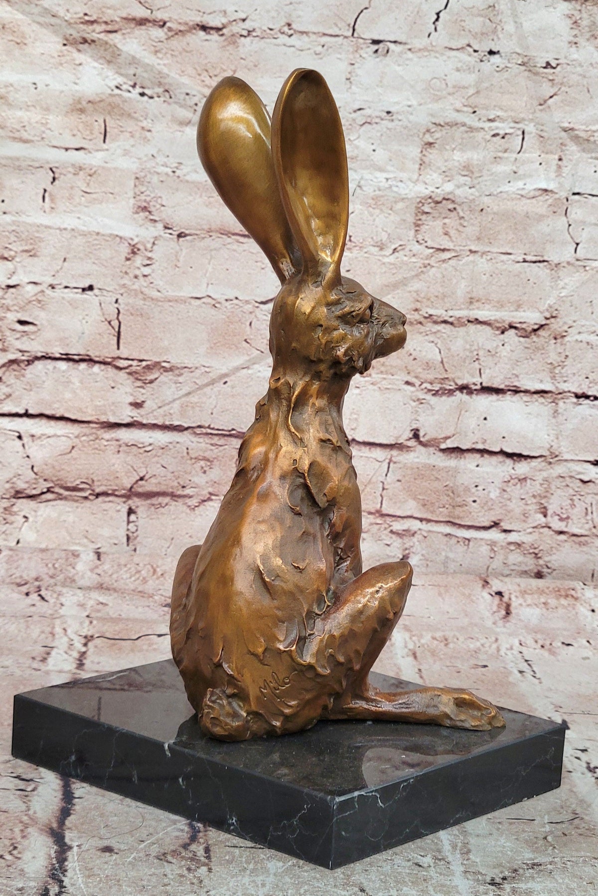 Whimsical Long Eared Hare Rabbit Bronze Sculpture on Marble Base