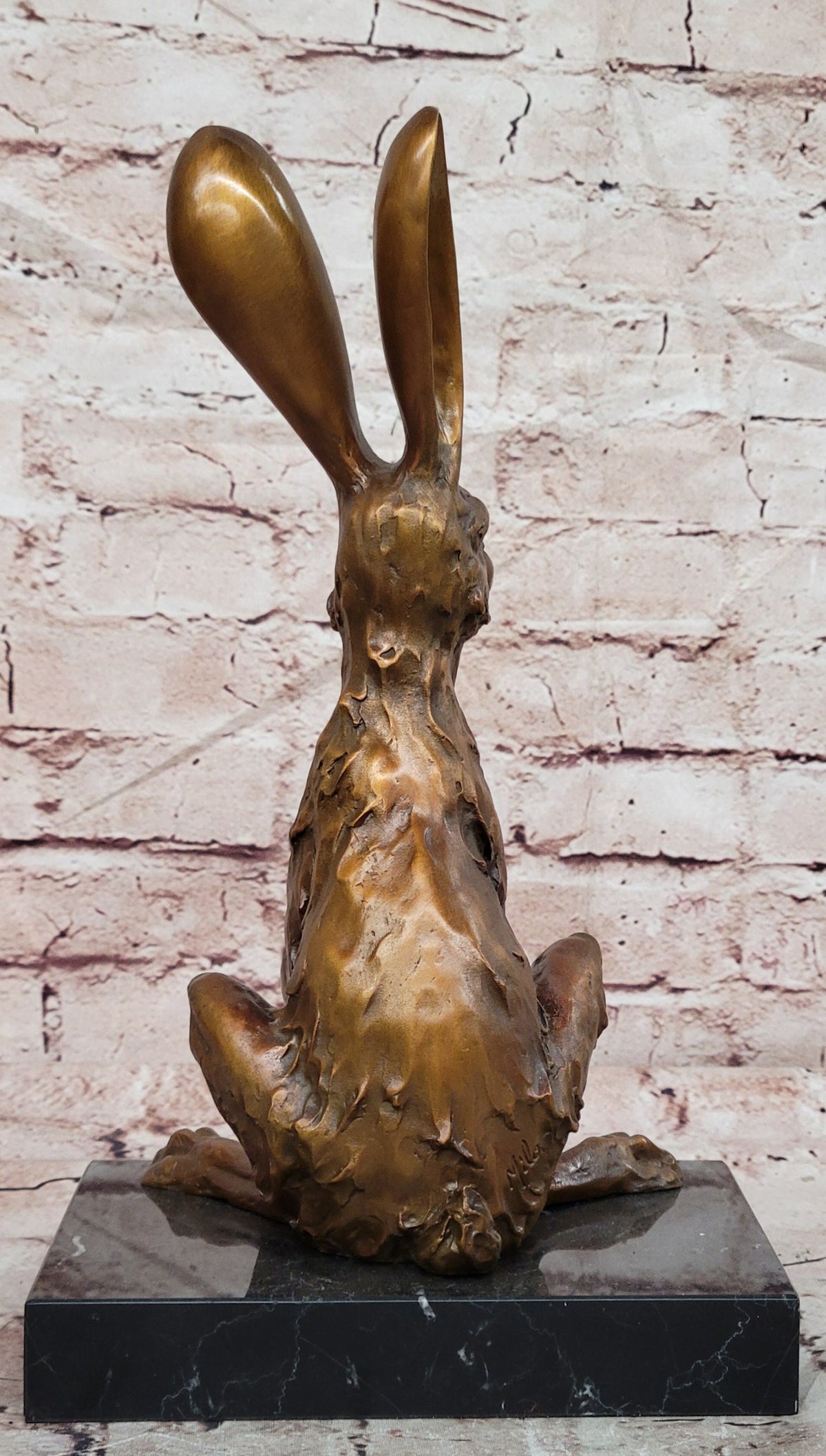 Whimsical Long Eared Hare Rabbit Bronze Sculpture on Marble Base