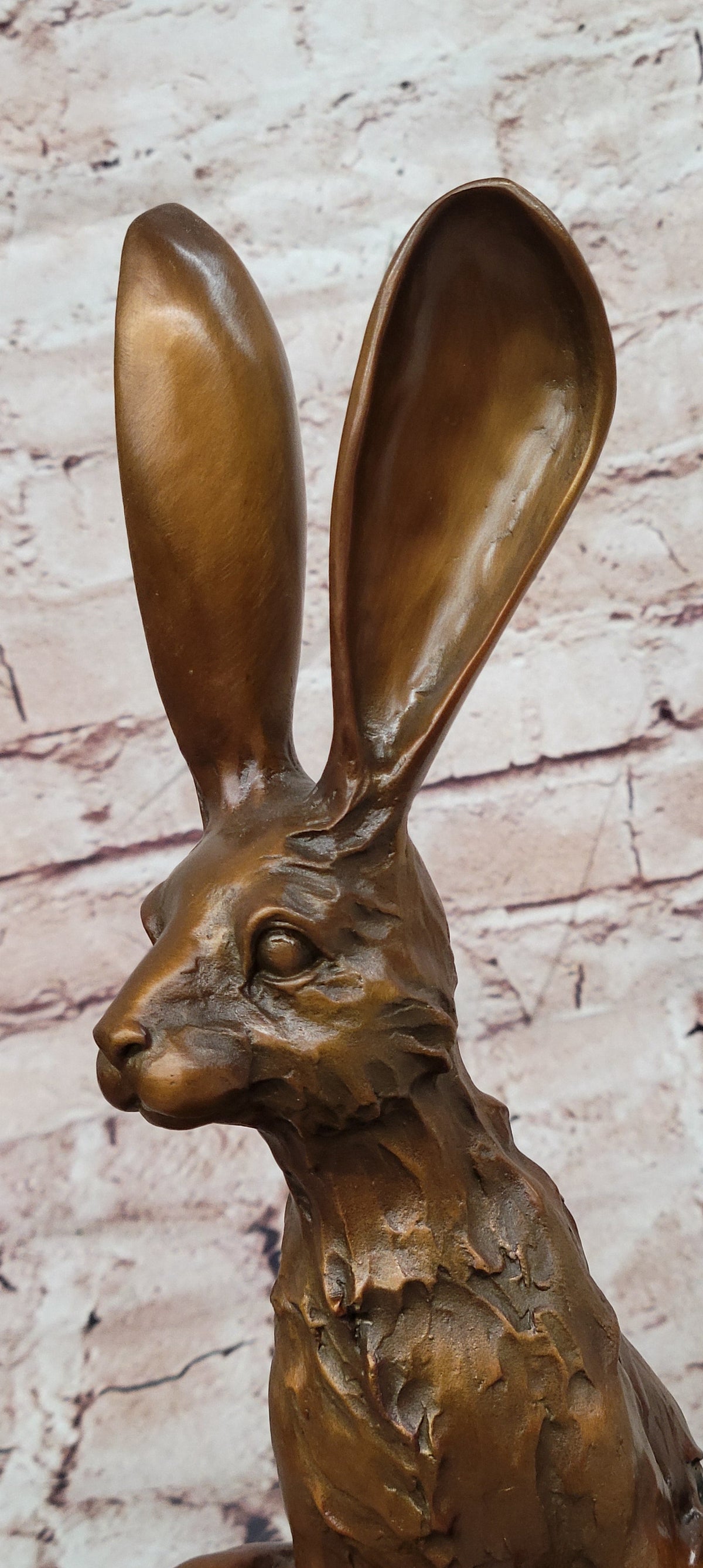 Whimsical Long Eared Hare Rabbit Bronze Sculpture on Marble Base