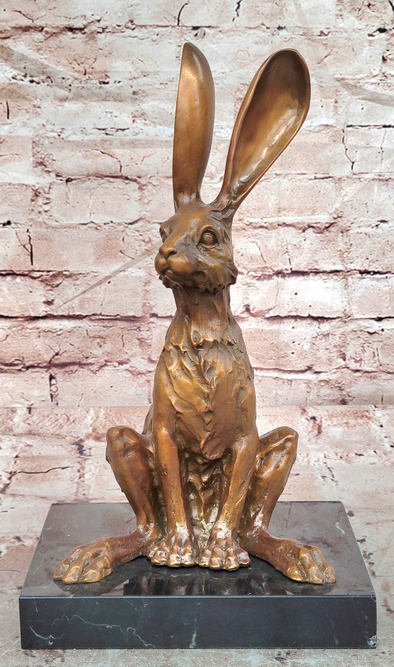 Whimsical Long Eared Hare Rabbit Bronze Sculpture on Marble Base