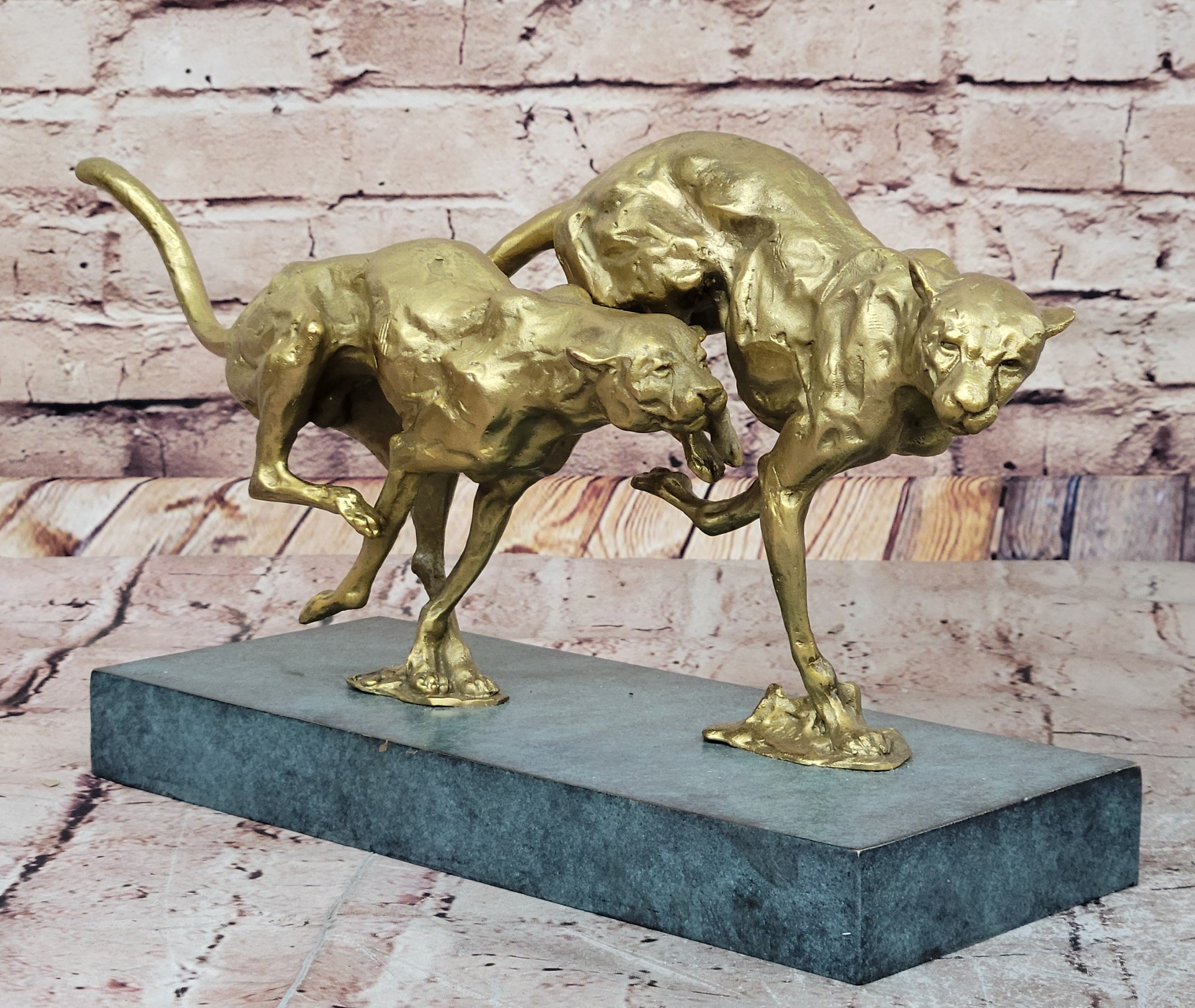 Golden Cheetah Big Cats Duo Running Bronze Sculpture on Marble Base by Milo