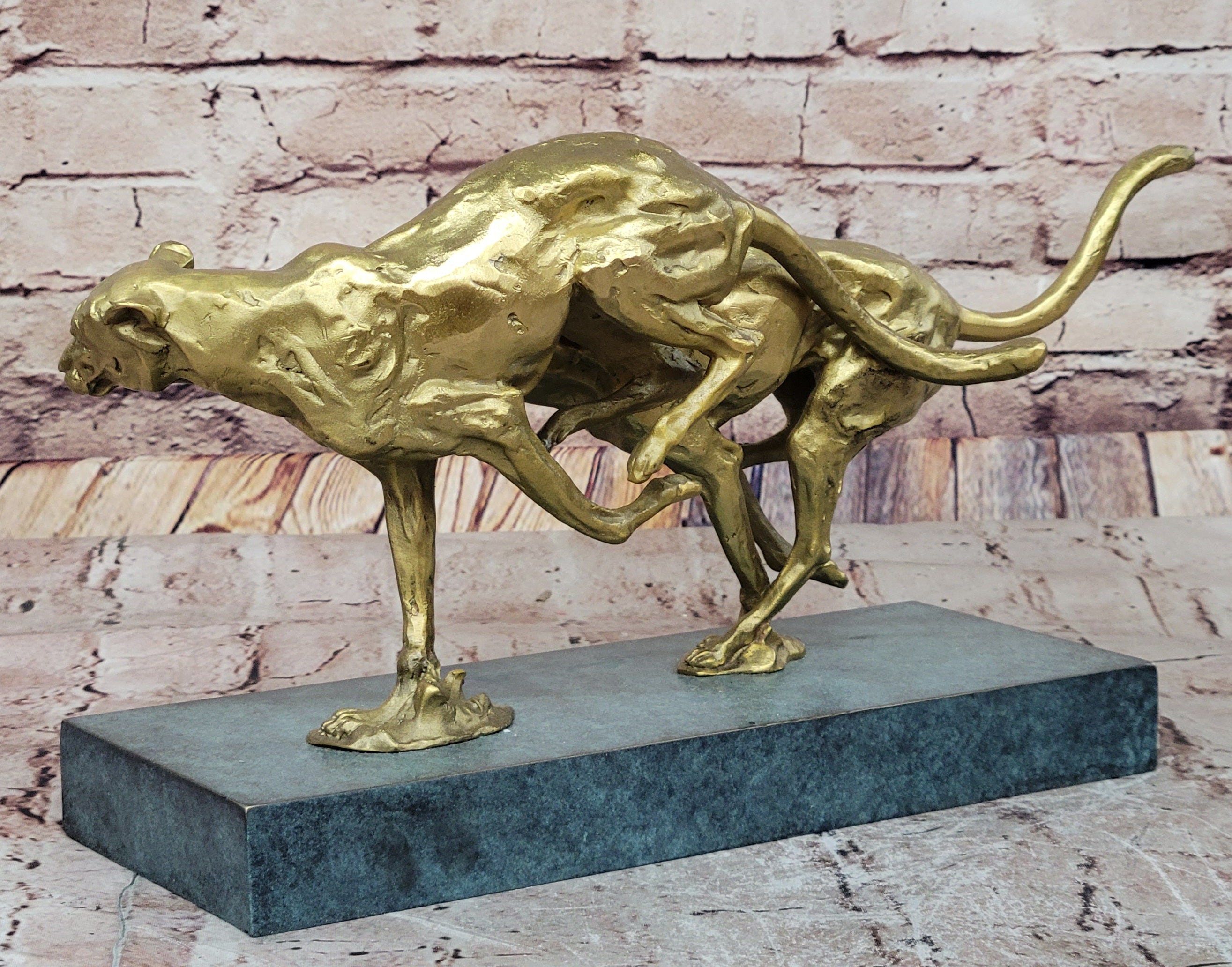 Golden Cheetah Big Cats Duo Running Bronze Sculpture on Marble Base by Milo