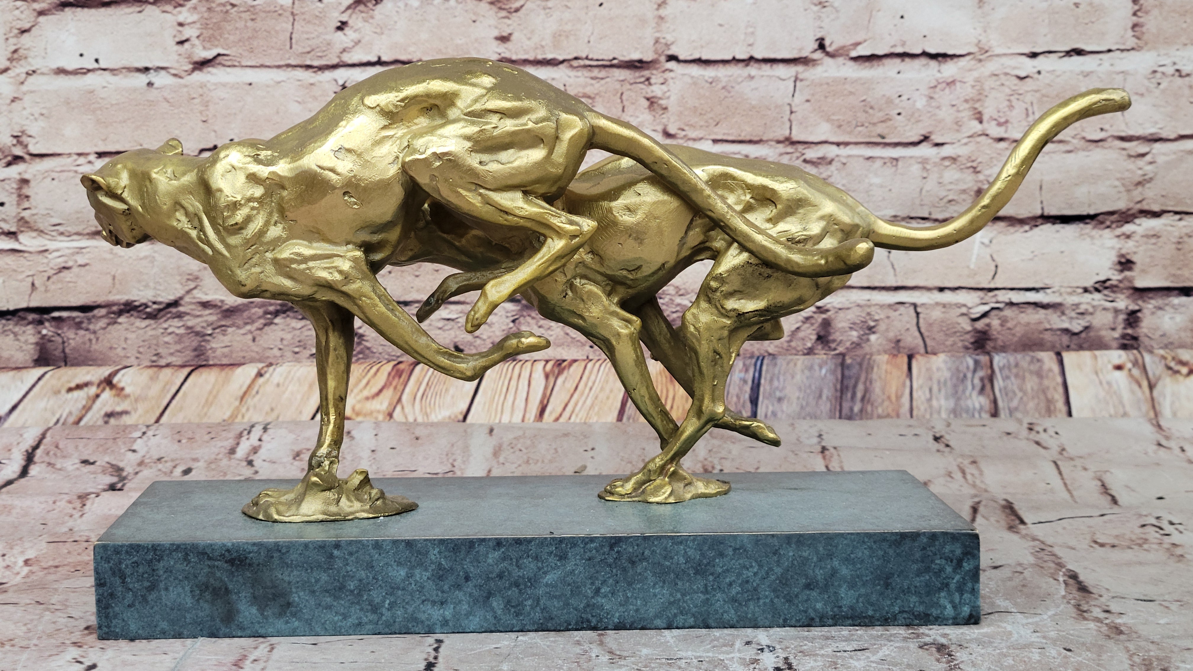 Golden Cheetah Big Cats Duo Running Bronze Sculpture on Marble Base by Milo