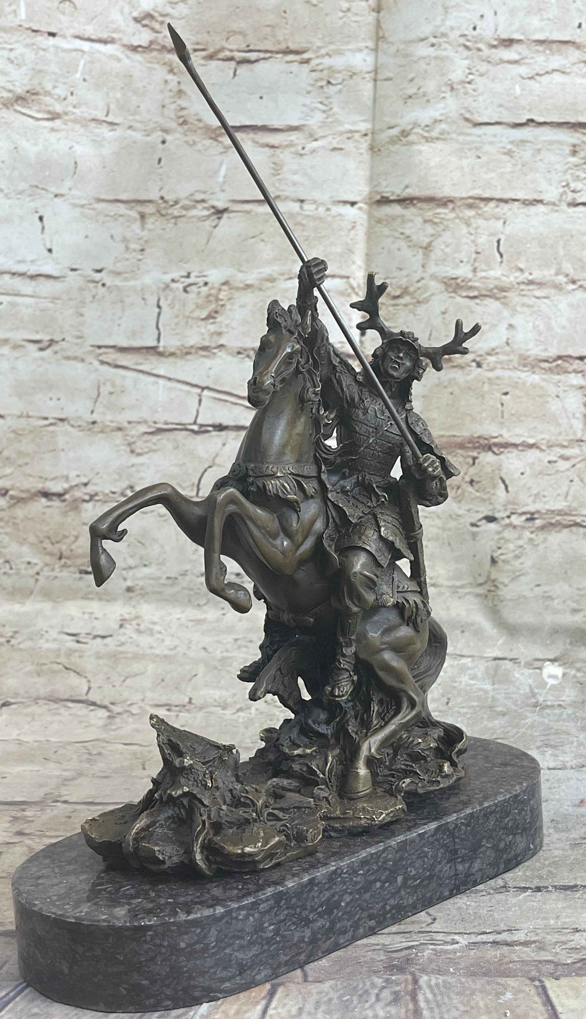 Japanese Samurai Warrior on Horseback Bronze Statue Sculpture Figure on Marble Base
