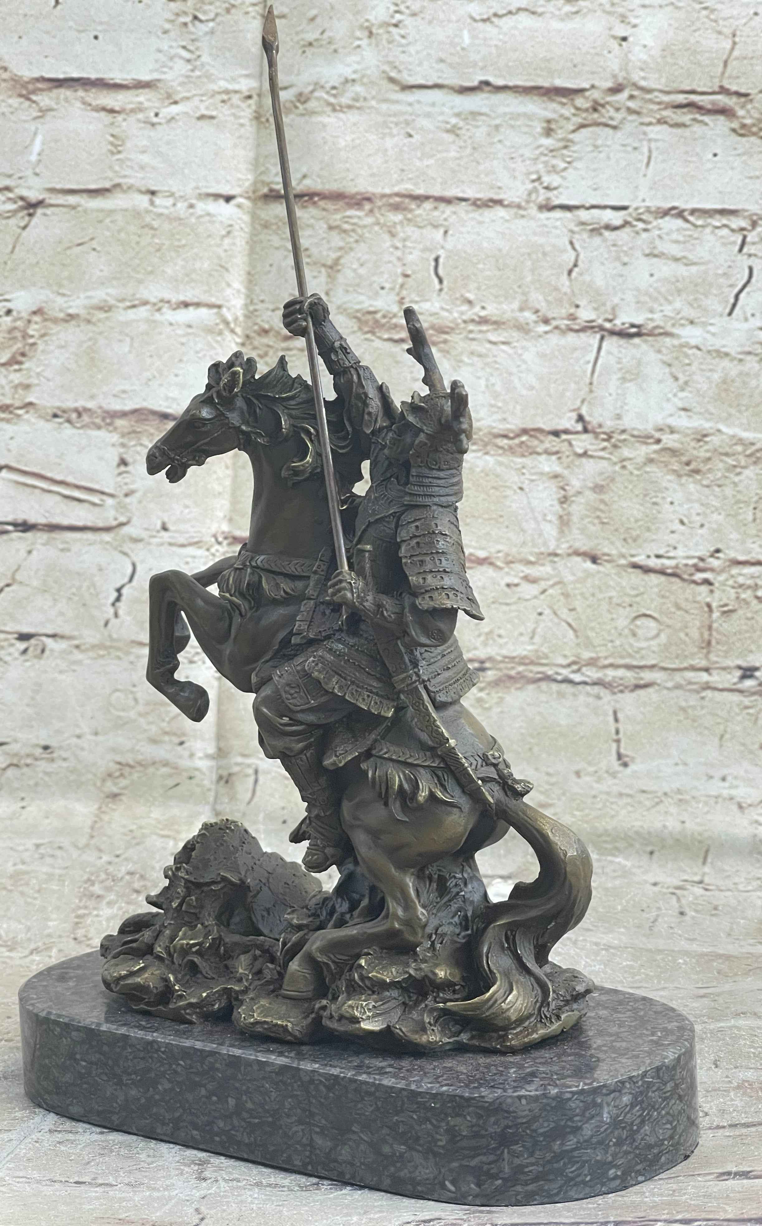 Japanese Samurai Warrior on Horseback Bronze Statue Sculpture Figure on Marble Base