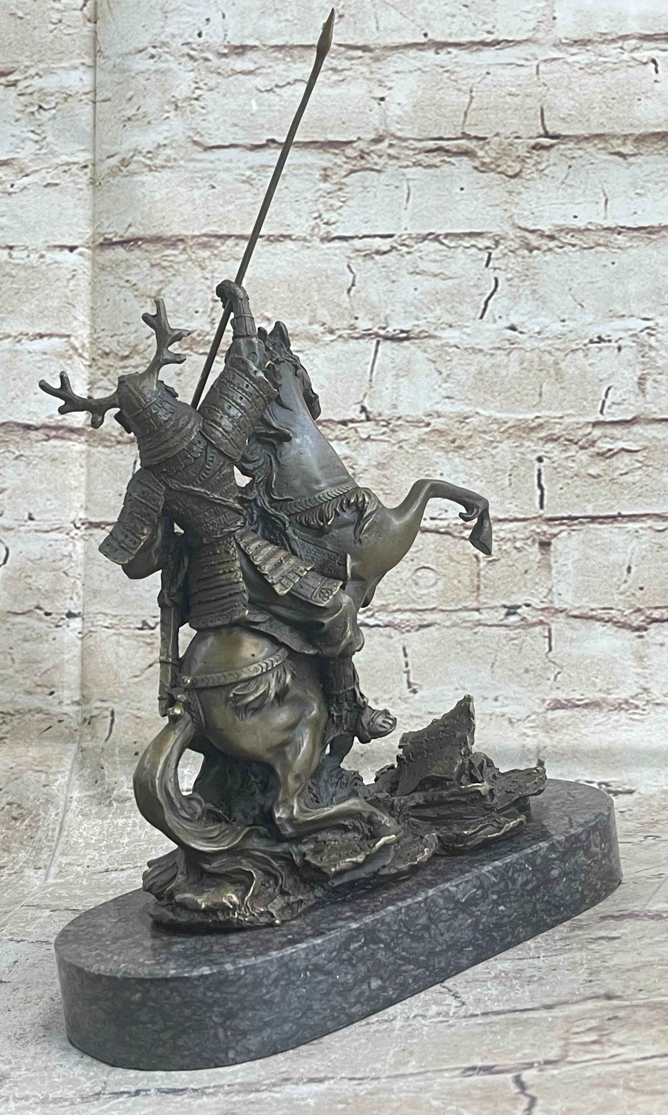 Japanese Samurai Warrior on Horseback Bronze Statue Sculpture Figure on Marble Base