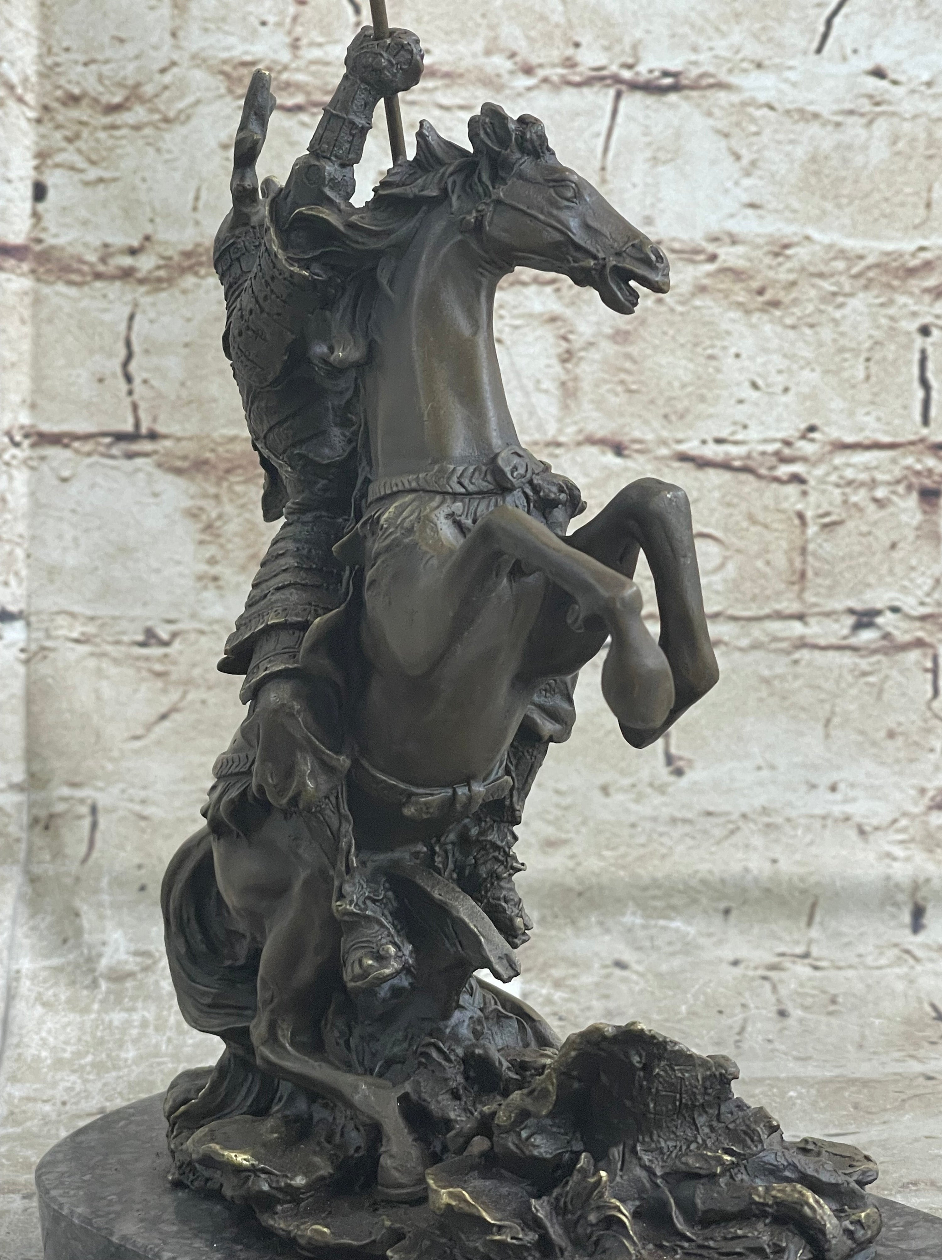 Japanese Samurai Warrior on Horseback Bronze Statue Sculpture Figure on Marble Base