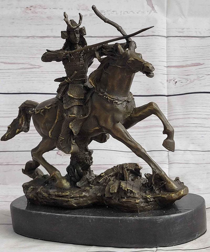 Samurai Warrior on Horse Bronze Statue Sculpture Hot Cast Marble Base Figurine