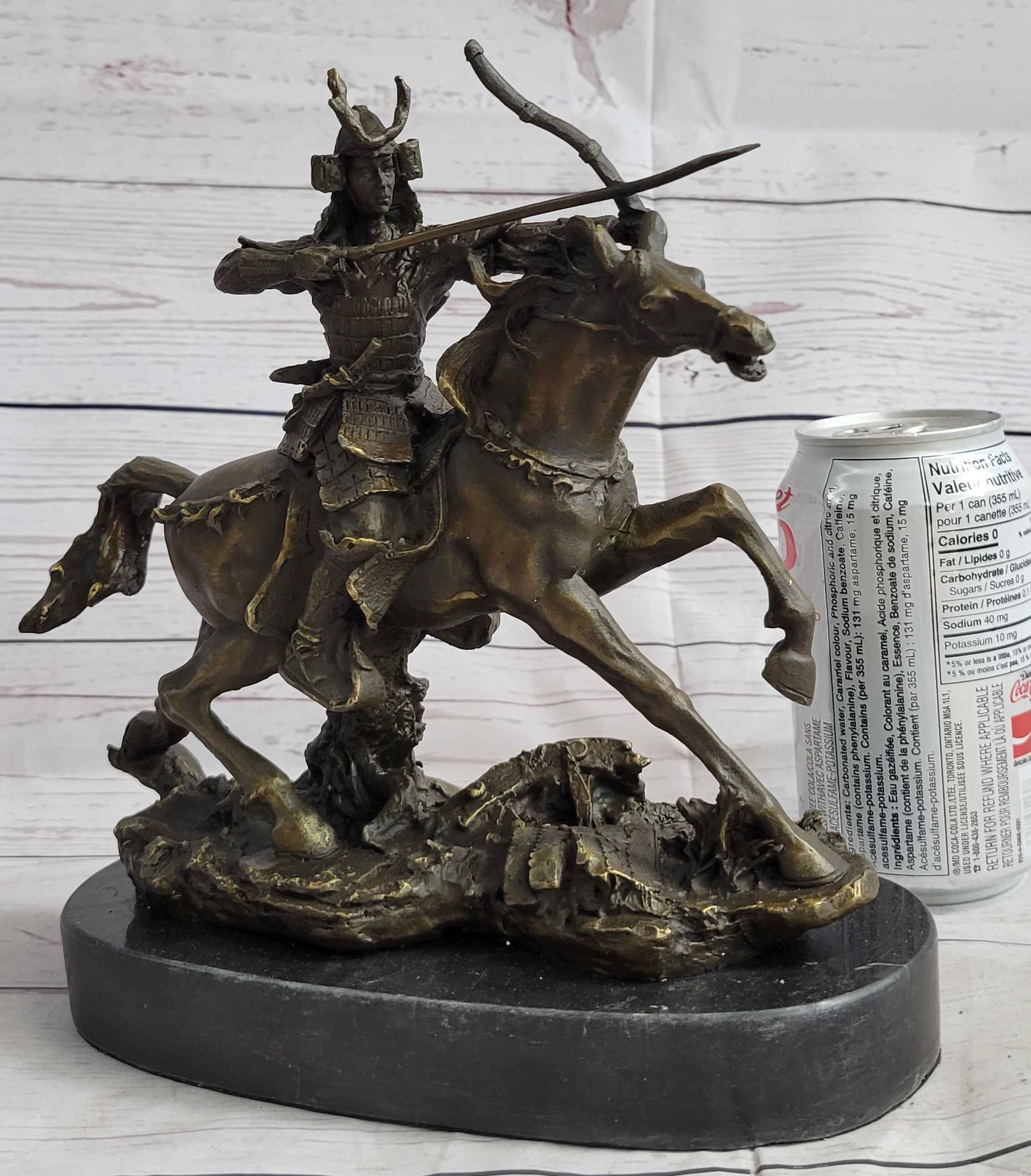 Samurai Warrior on Horse Bronze Statue Sculpture Hot Cast Marble Base Figurine