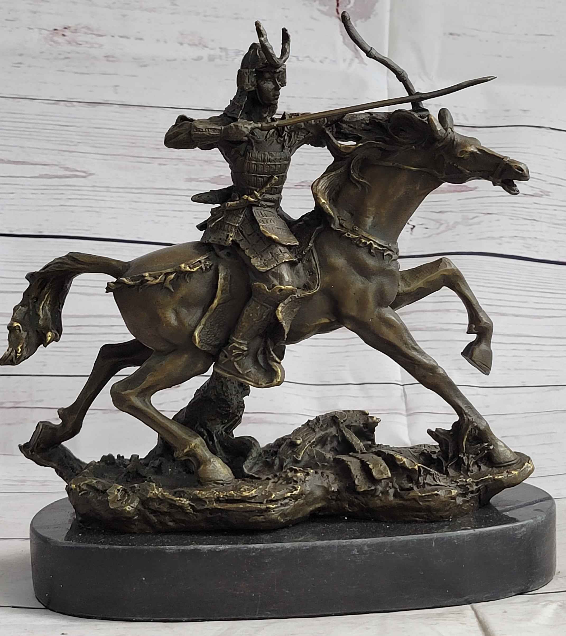 Samurai Warrior on Horse Bronze Statue Sculpture Hot Cast Marble Base Figurine