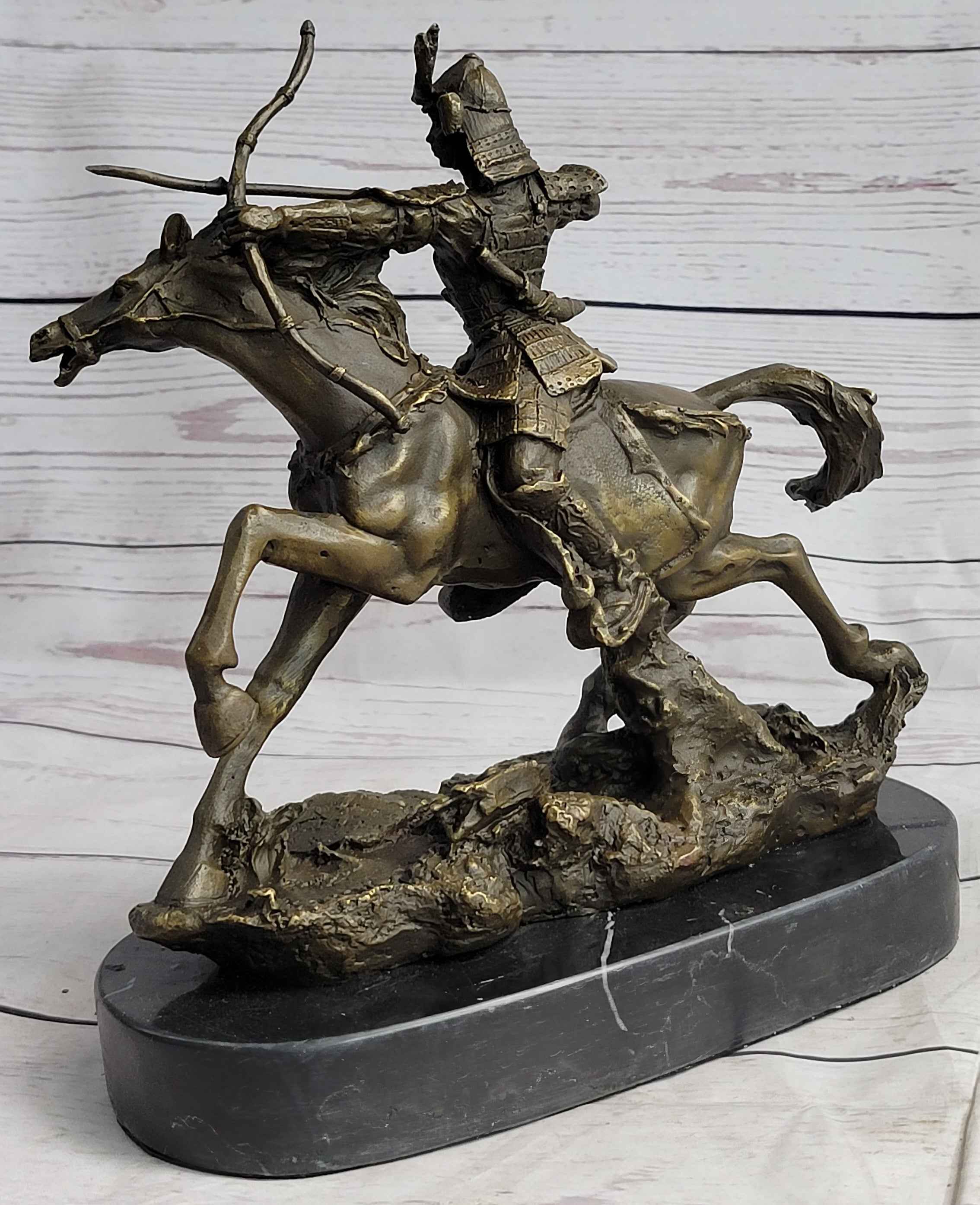 Samurai Warrior on Horse Bronze Statue Sculpture Hot Cast Marble Base Figurine