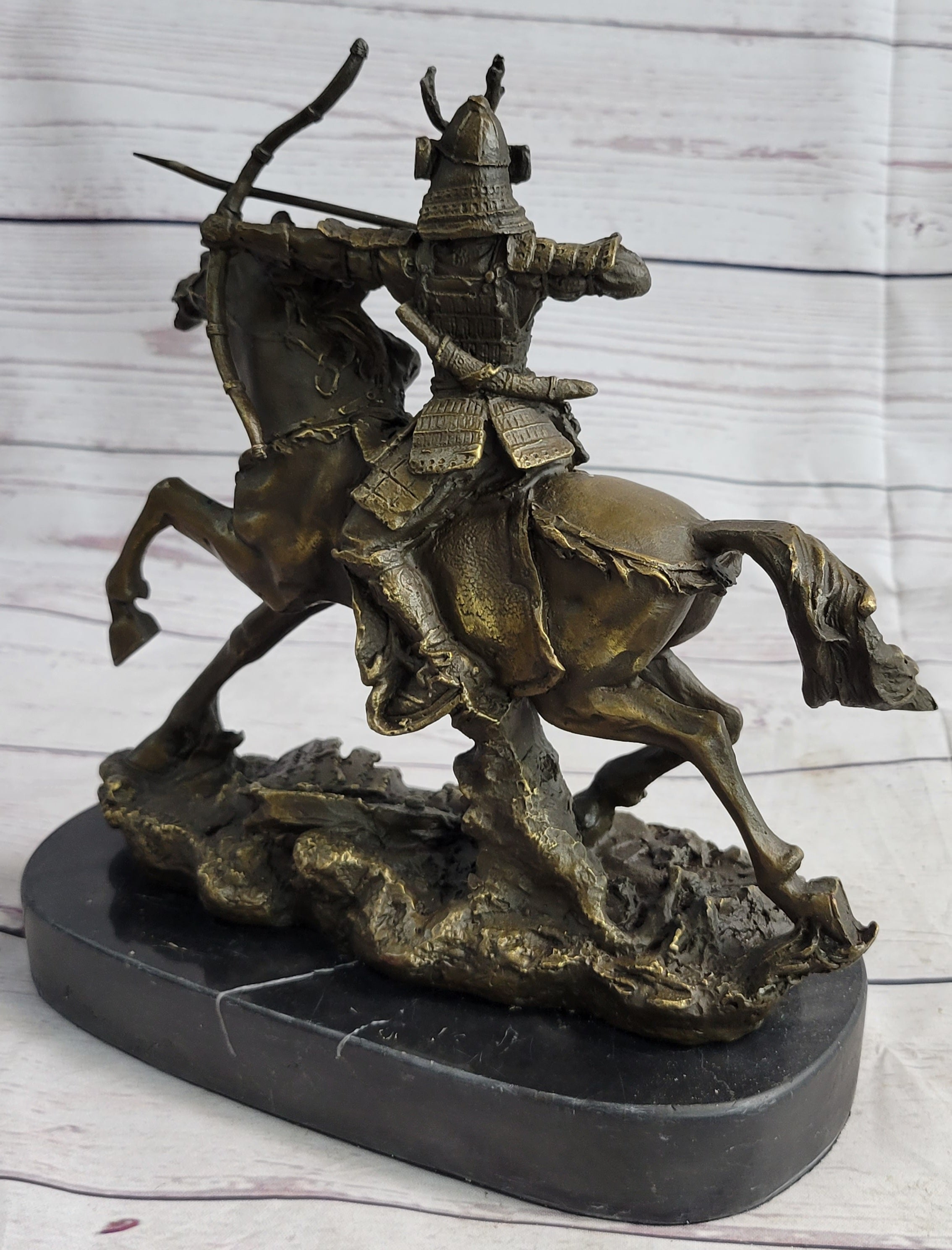 Samurai Warrior on Horse Bronze Statue Sculpture Hot Cast Marble Base Figurine