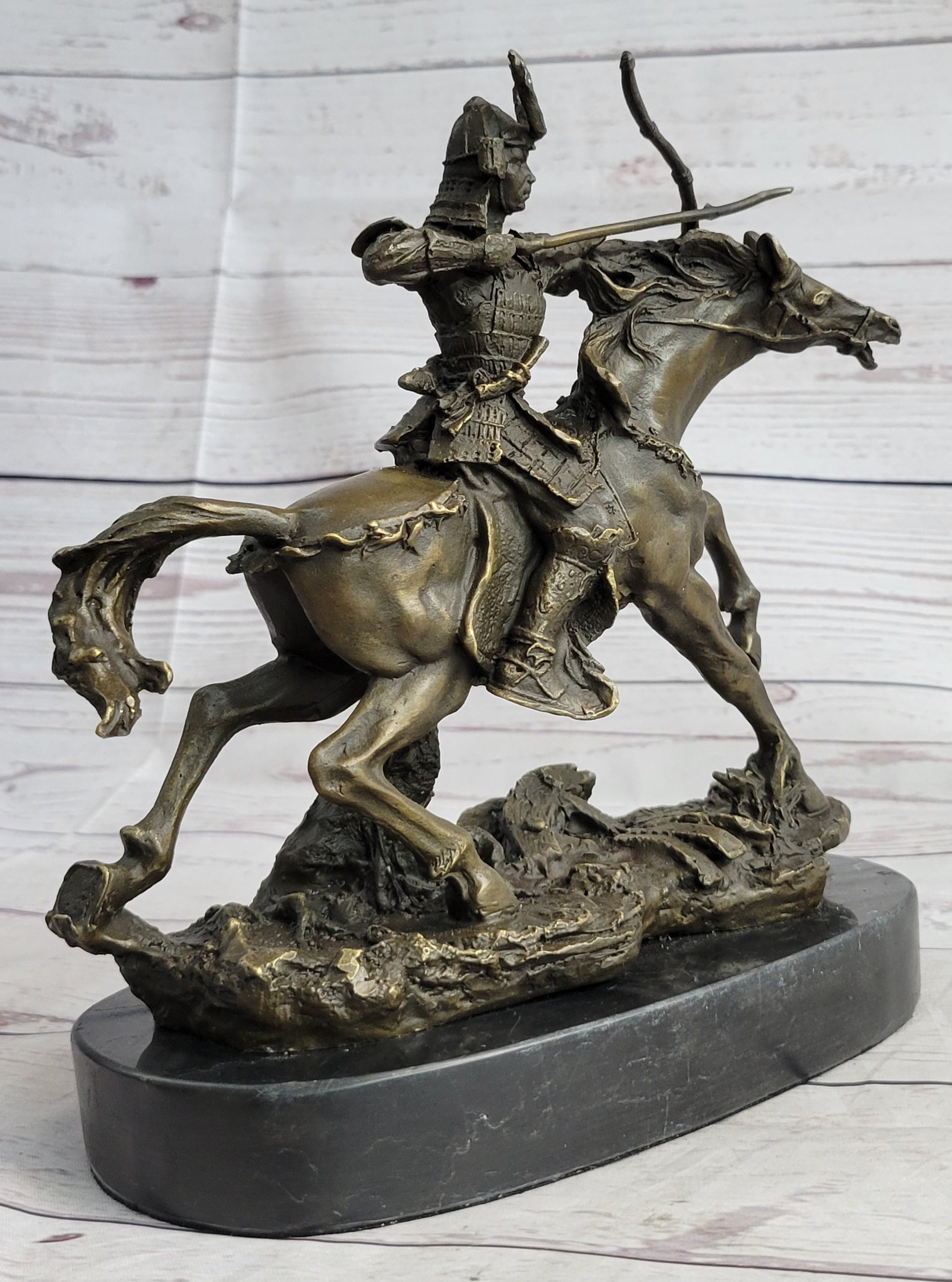 Samurai Warrior on Horse Bronze Statue Sculpture Hot Cast Marble Base Figurine