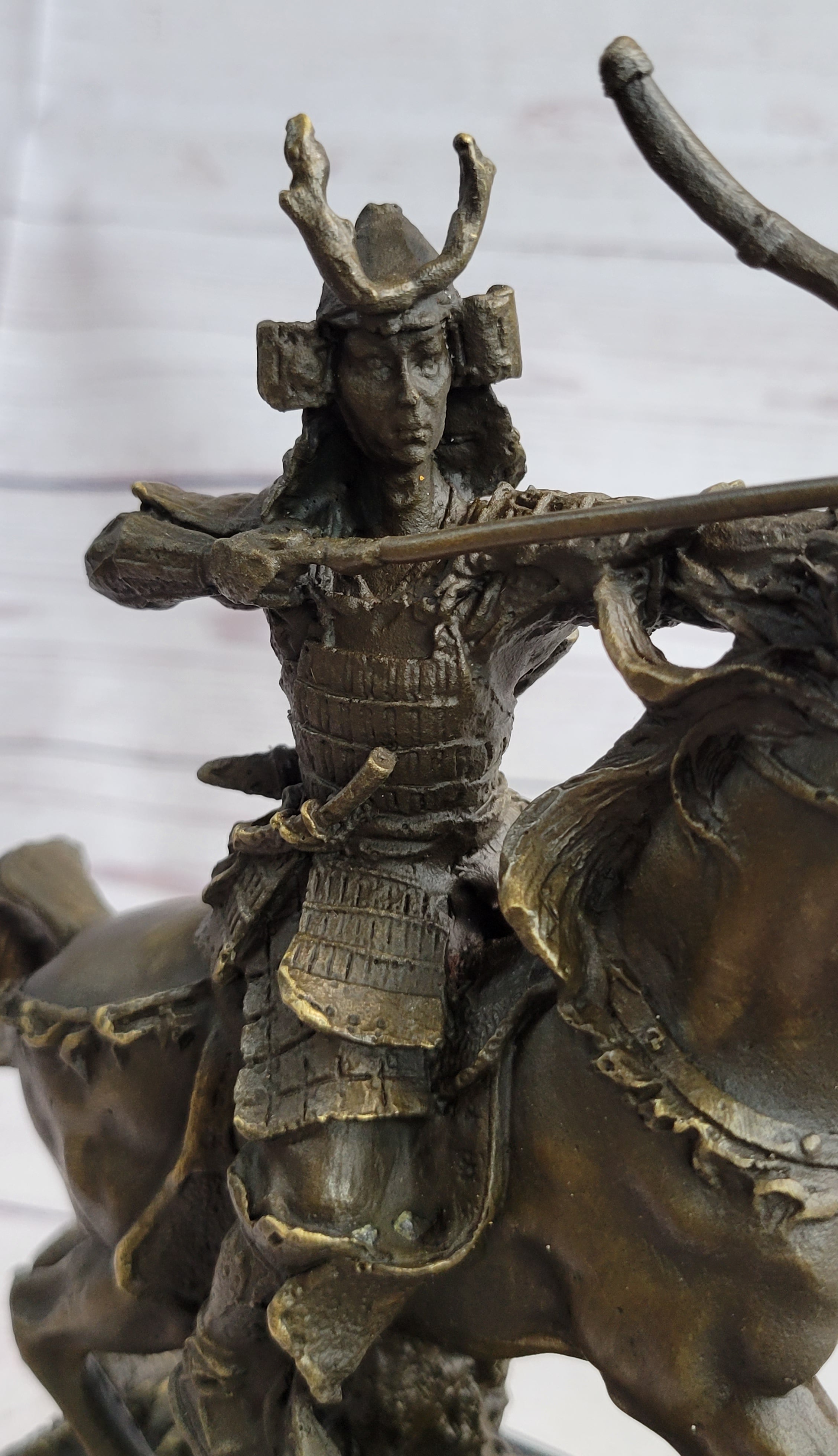 Samurai Warrior on Horse Bronze Statue Sculpture Hot Cast Marble Base Figurine