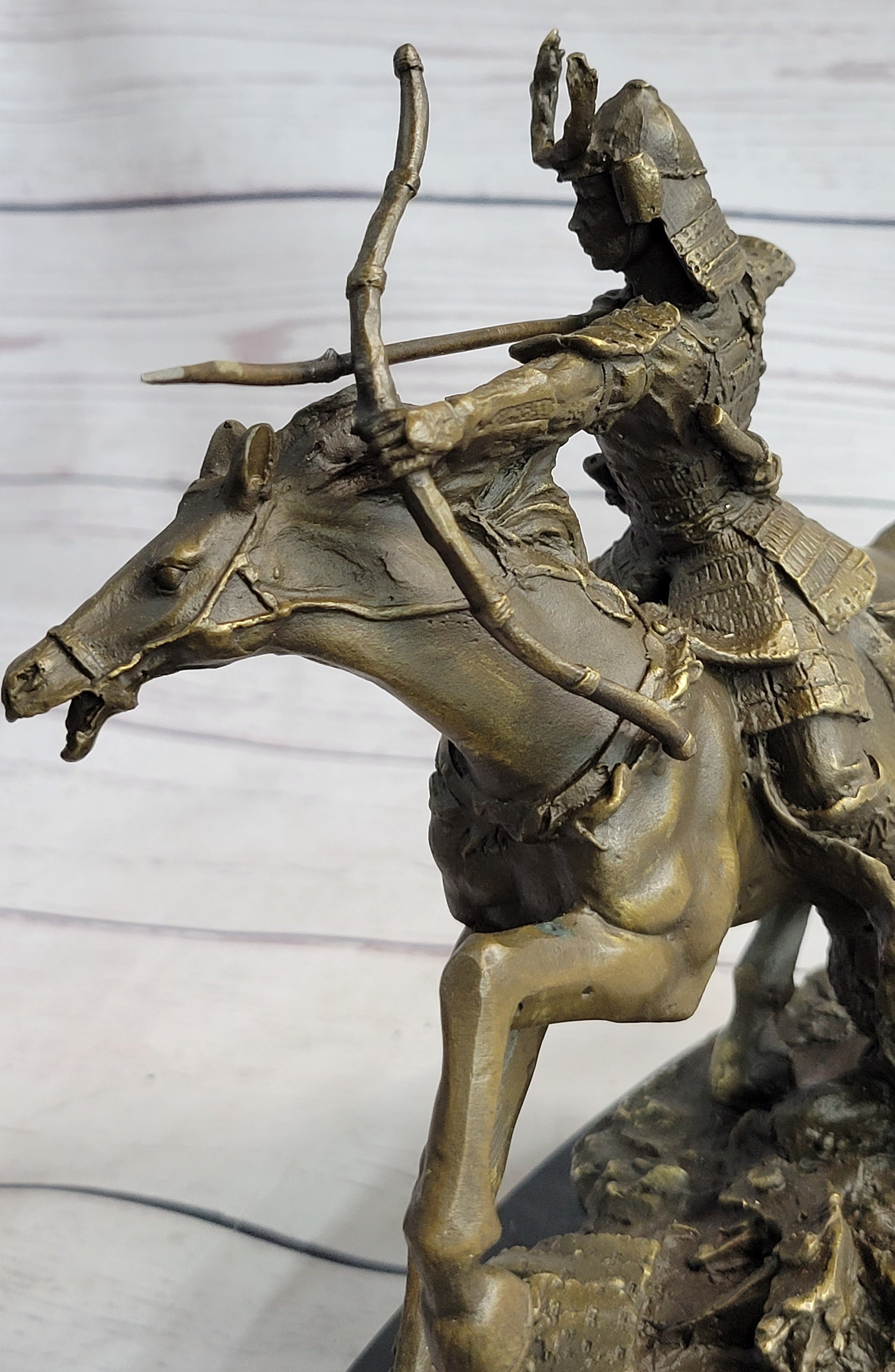 Samurai Warrior on Horse Bronze Statue Sculpture Hot Cast Marble Base Figurine