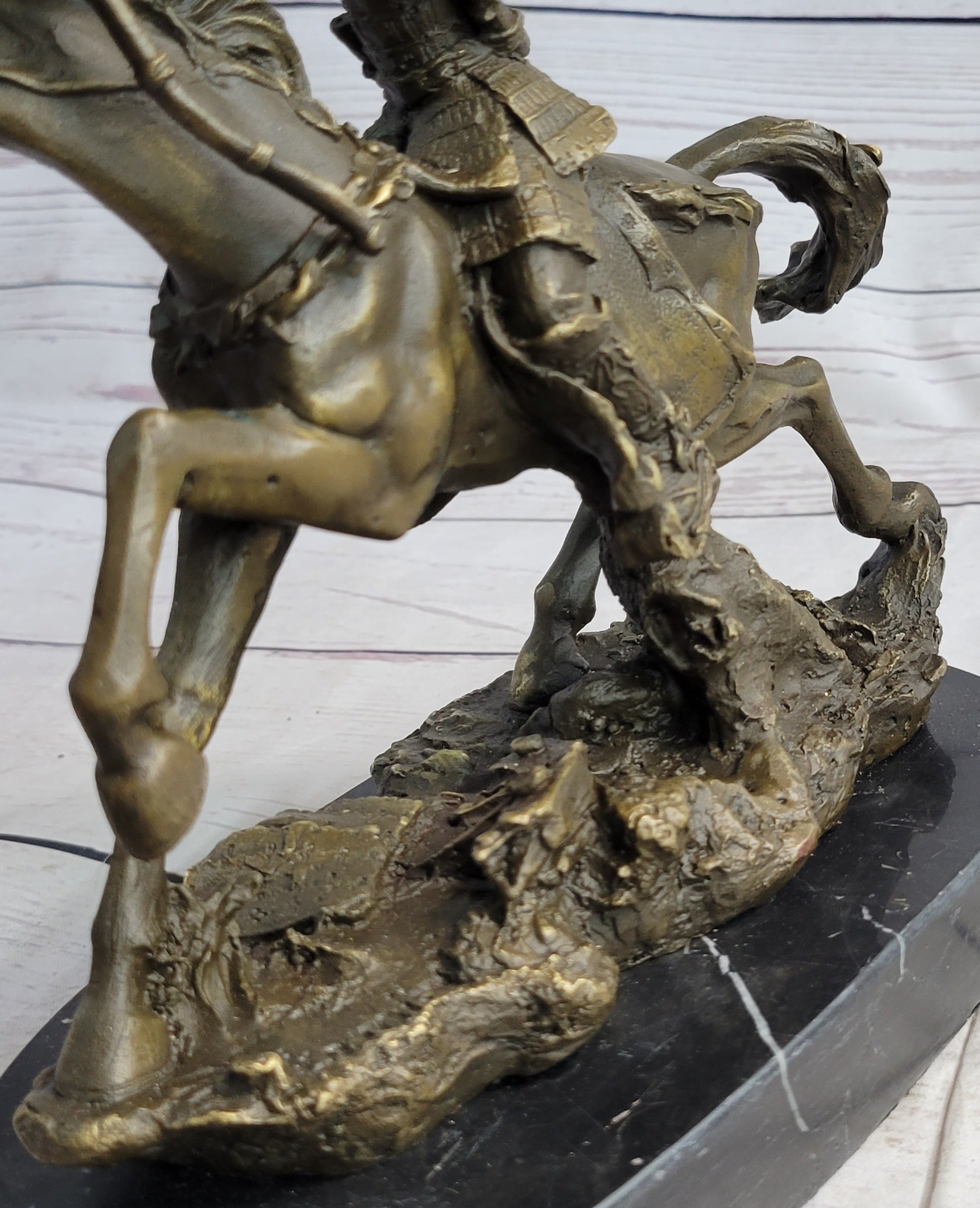Samurai Warrior on Horse Bronze Statue Sculpture Hot Cast Marble Base Figurine