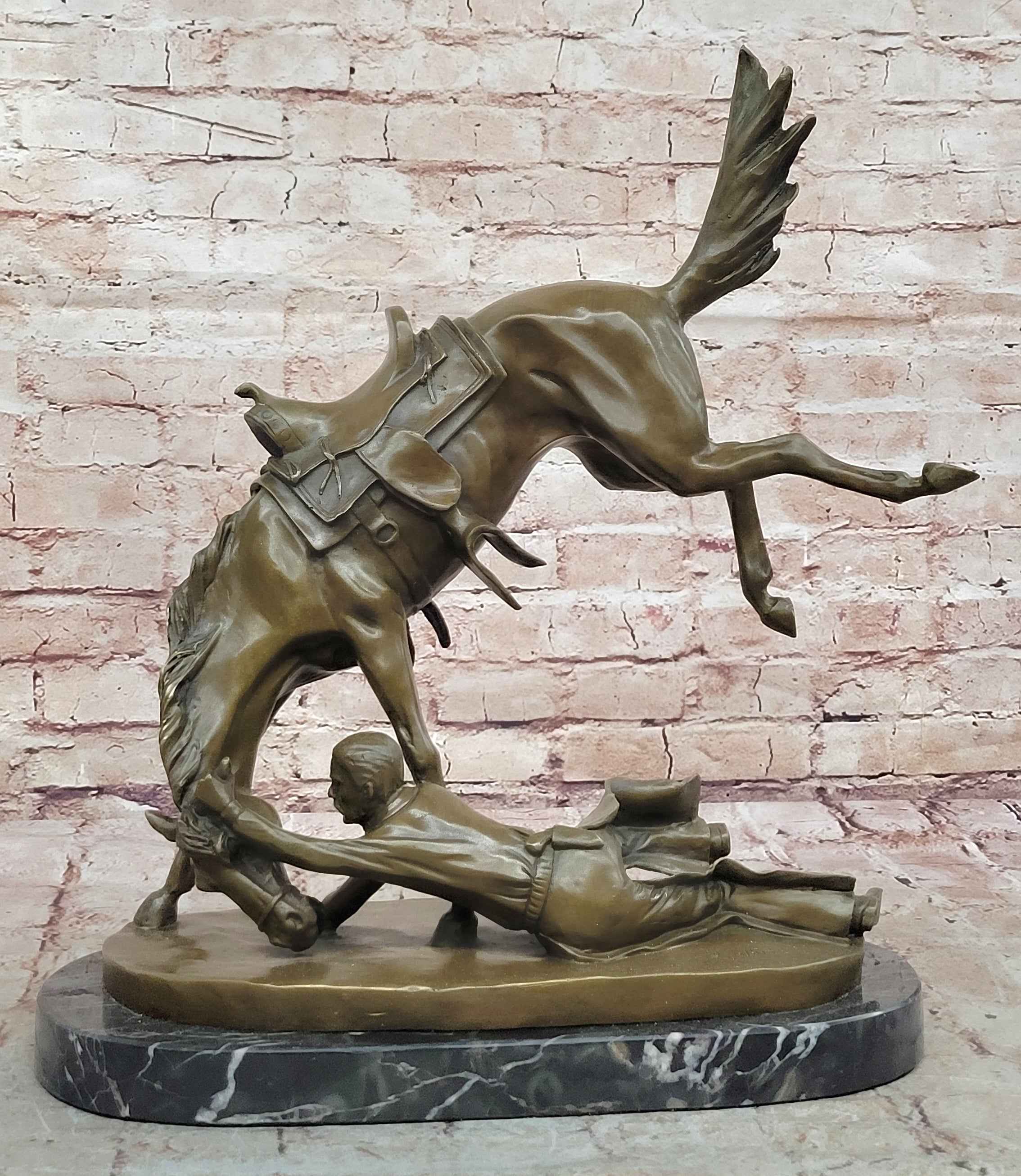 Signed Cowboy Horse Western Bronze Sculpture Statue Marble Base Figure Decor