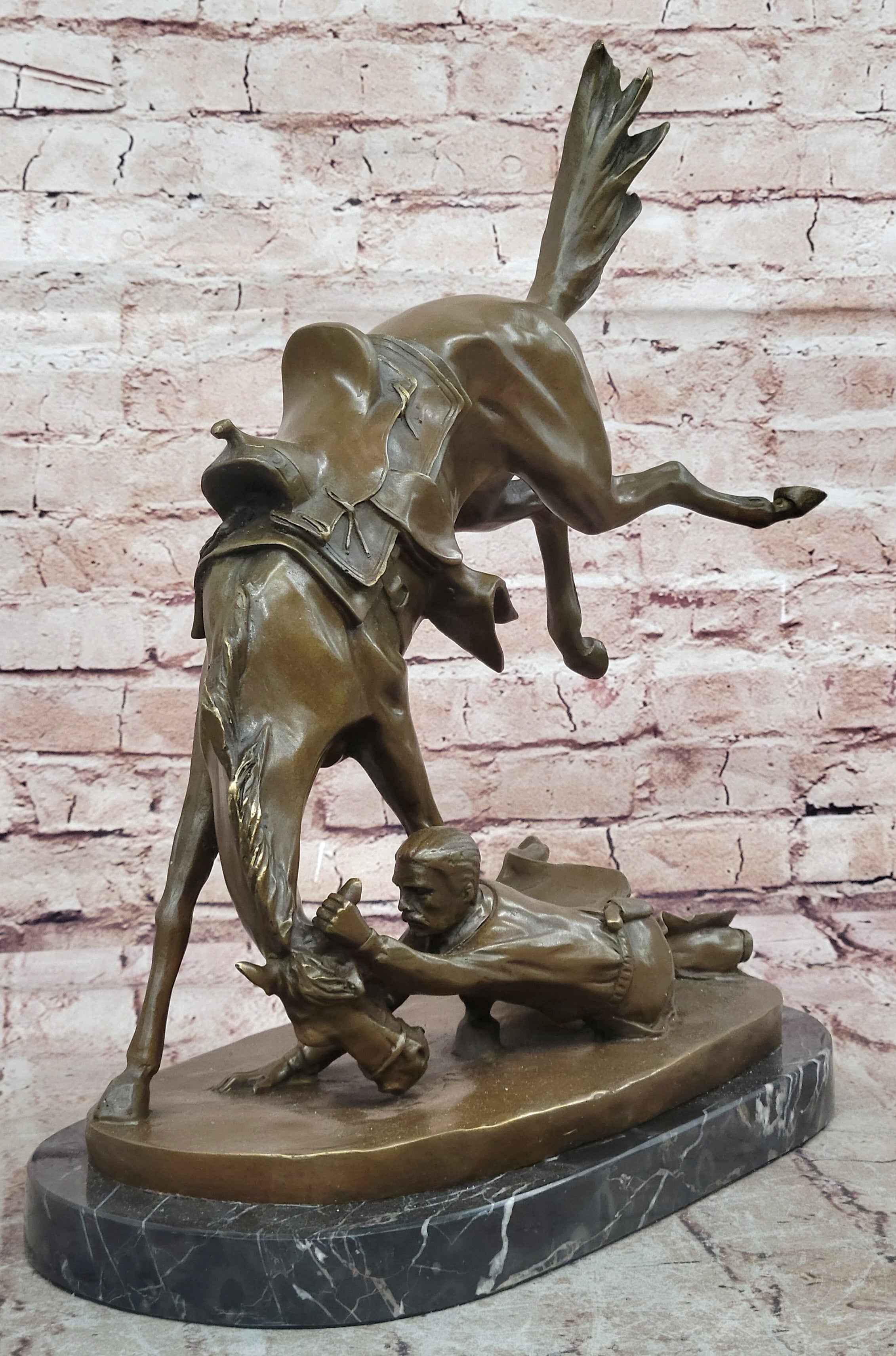 Signed Cowboy Horse Western Bronze Sculpture Statue Marble Base Figure Decor
