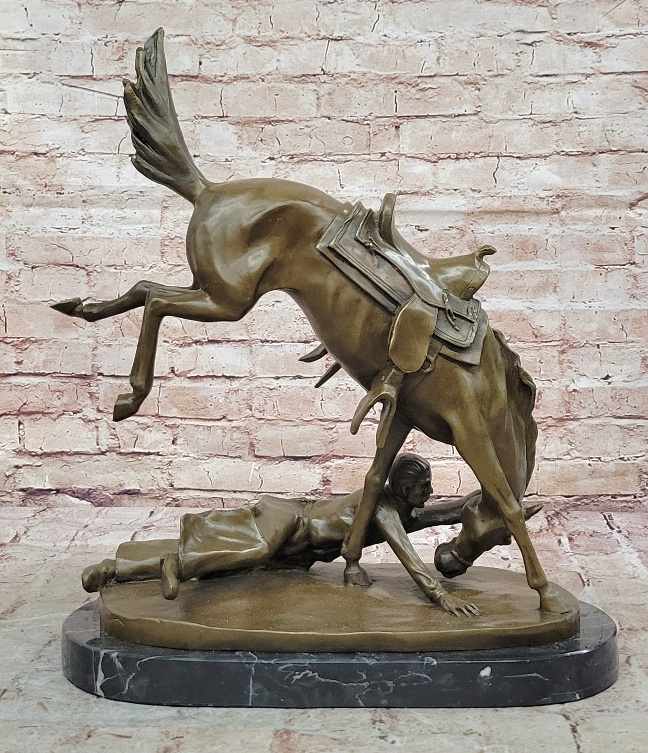 Signed Cowboy Horse Western Bronze Sculpture Statue Marble Base Figure Decor