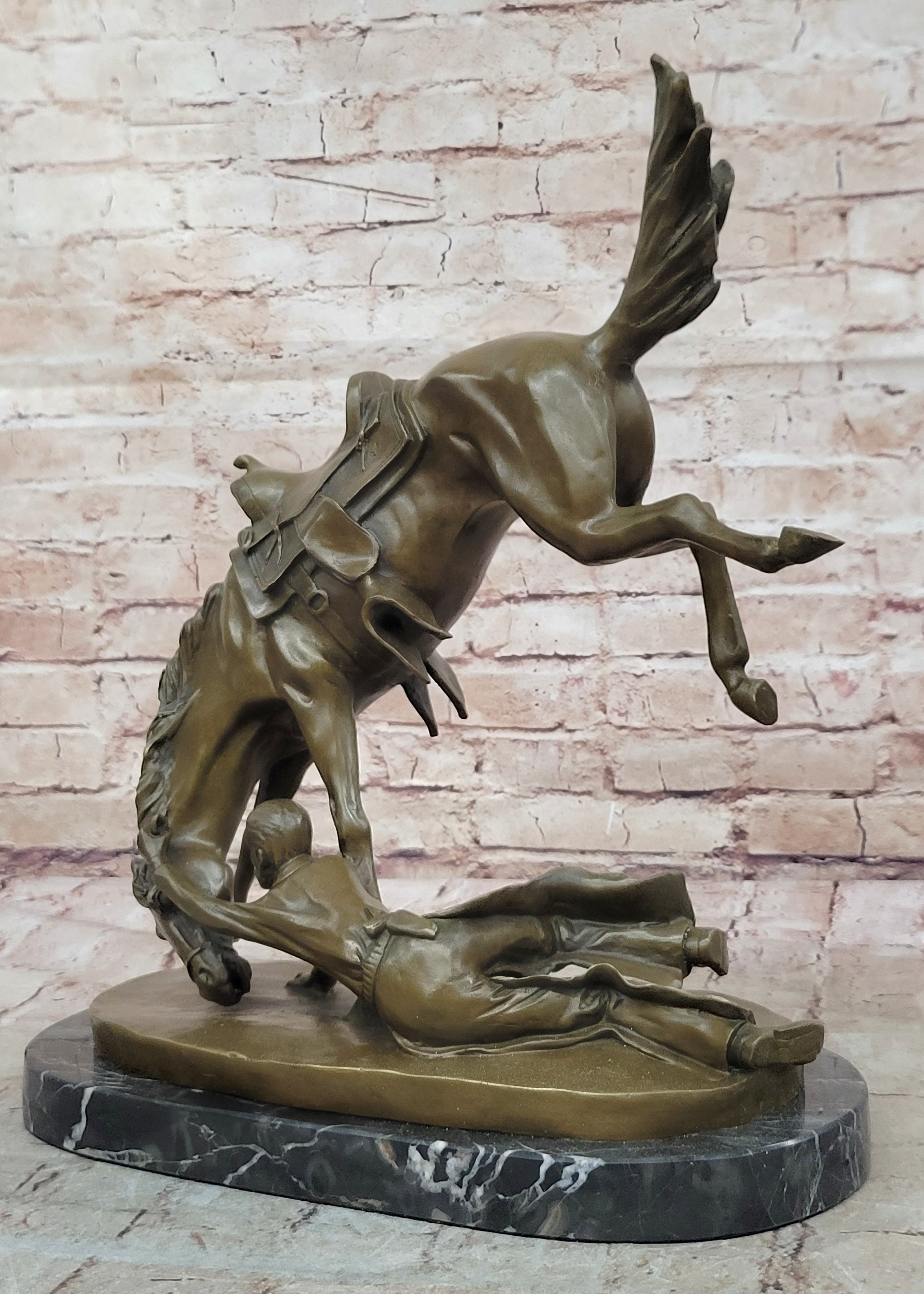 Signed Cowboy Horse Western Bronze Sculpture Statue Marble Base Figure Decor