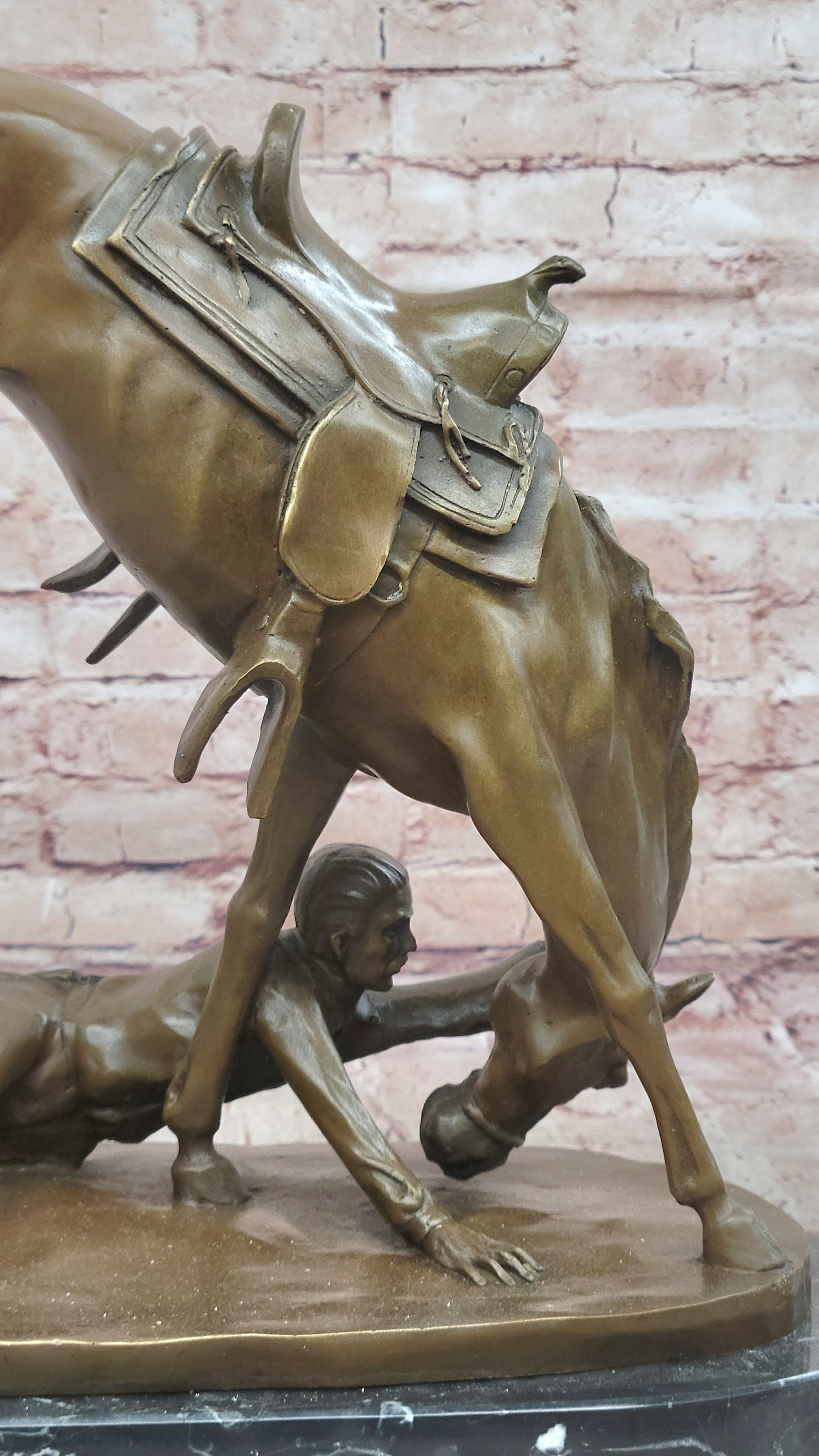 Signed Cowboy Horse Western Bronze Sculpture Statue Marble Base Figure Decor