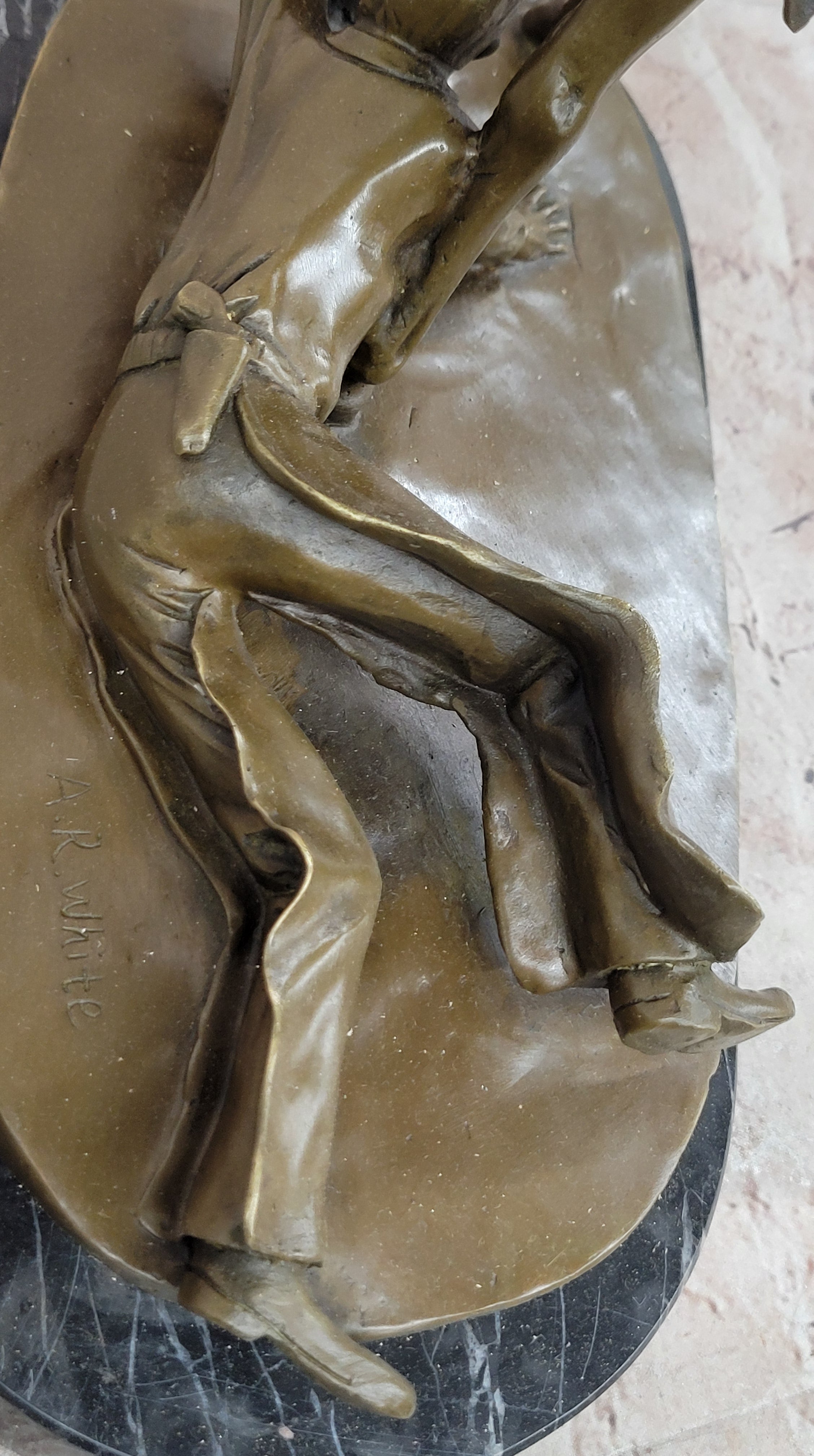 Signed Cowboy Horse Western Bronze Sculpture Statue Marble Base Figure Decor