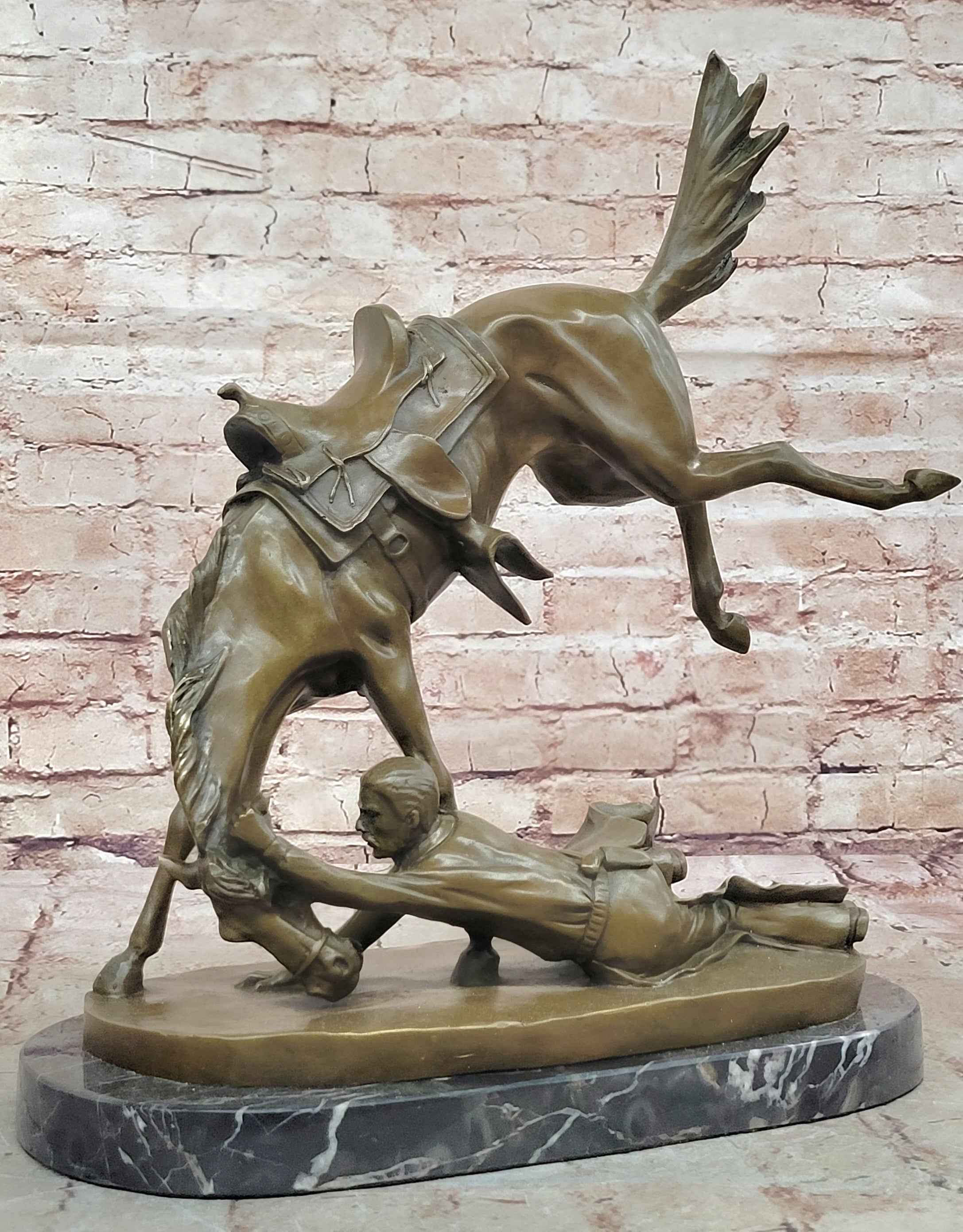 Signed Cowboy Horse Western Bronze Sculpture Statue Marble Base Figure Decor
