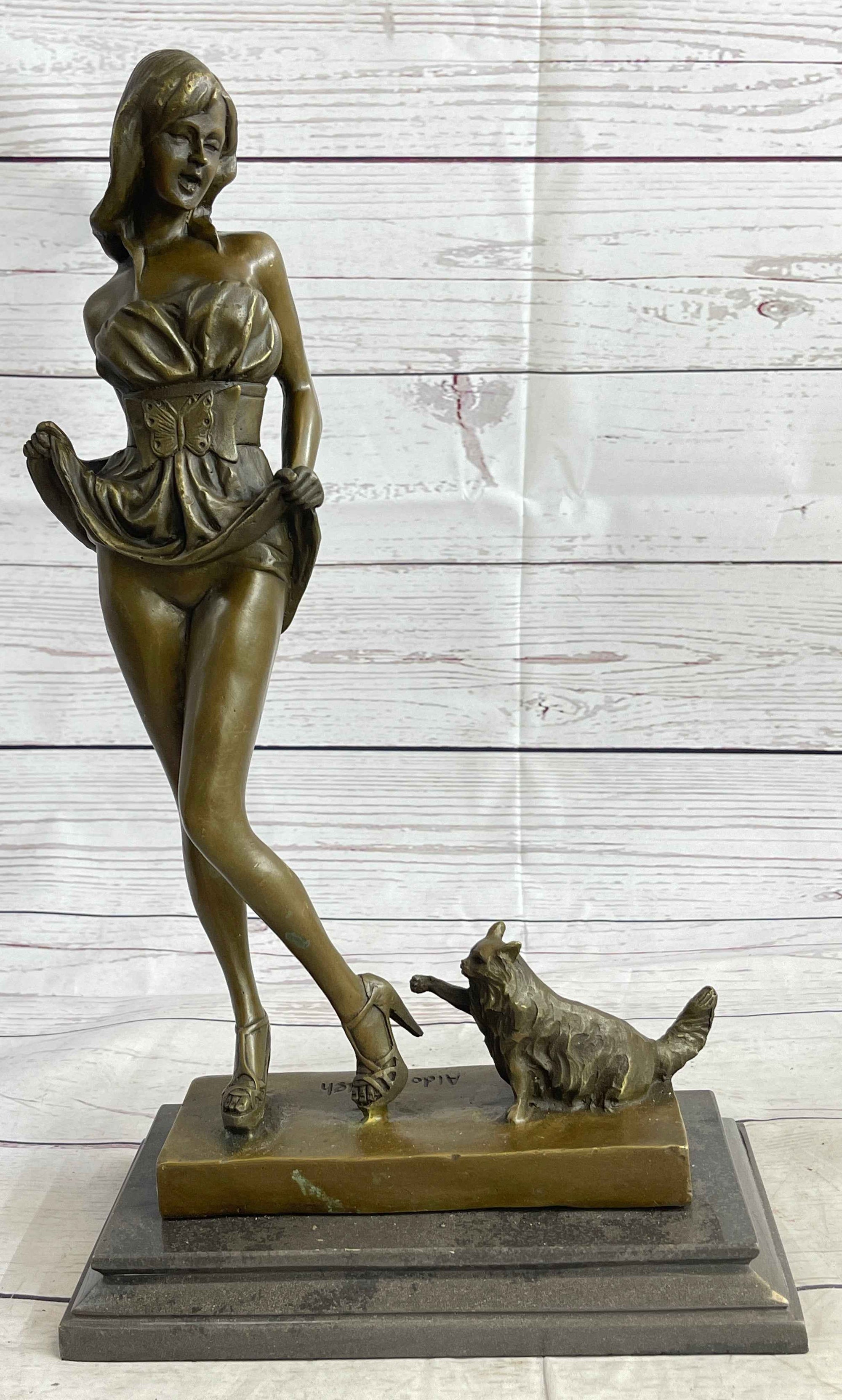 Sexy Playful Girl w/ Kitten Cat Bronze Modern Art Statue Sculpture Vitaleh Original 16" x 9"