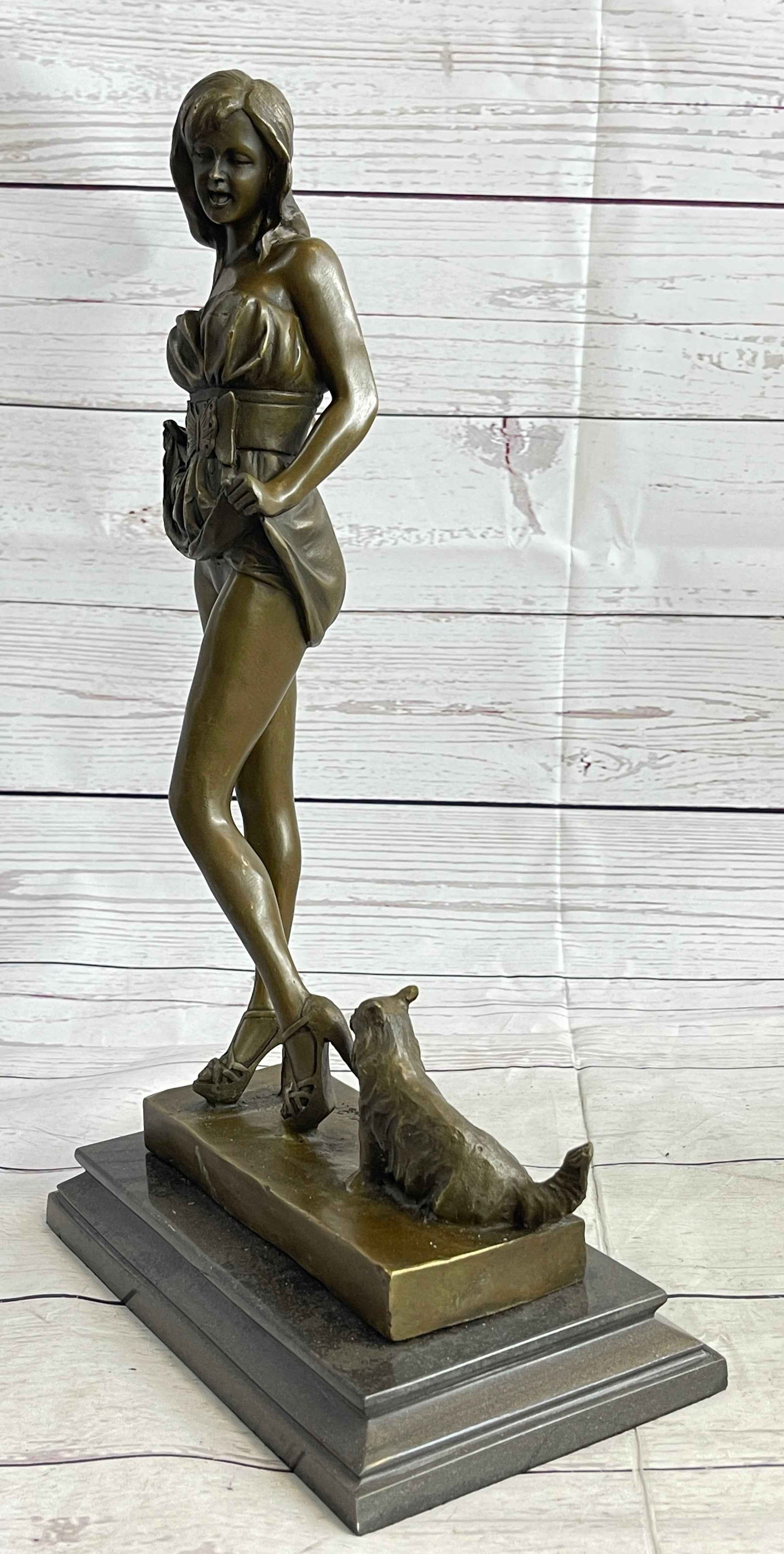Sexy Playful Girl w/ Kitten Cat Bronze Modern Art Statue Sculpture Vitaleh Original 16" x 9"