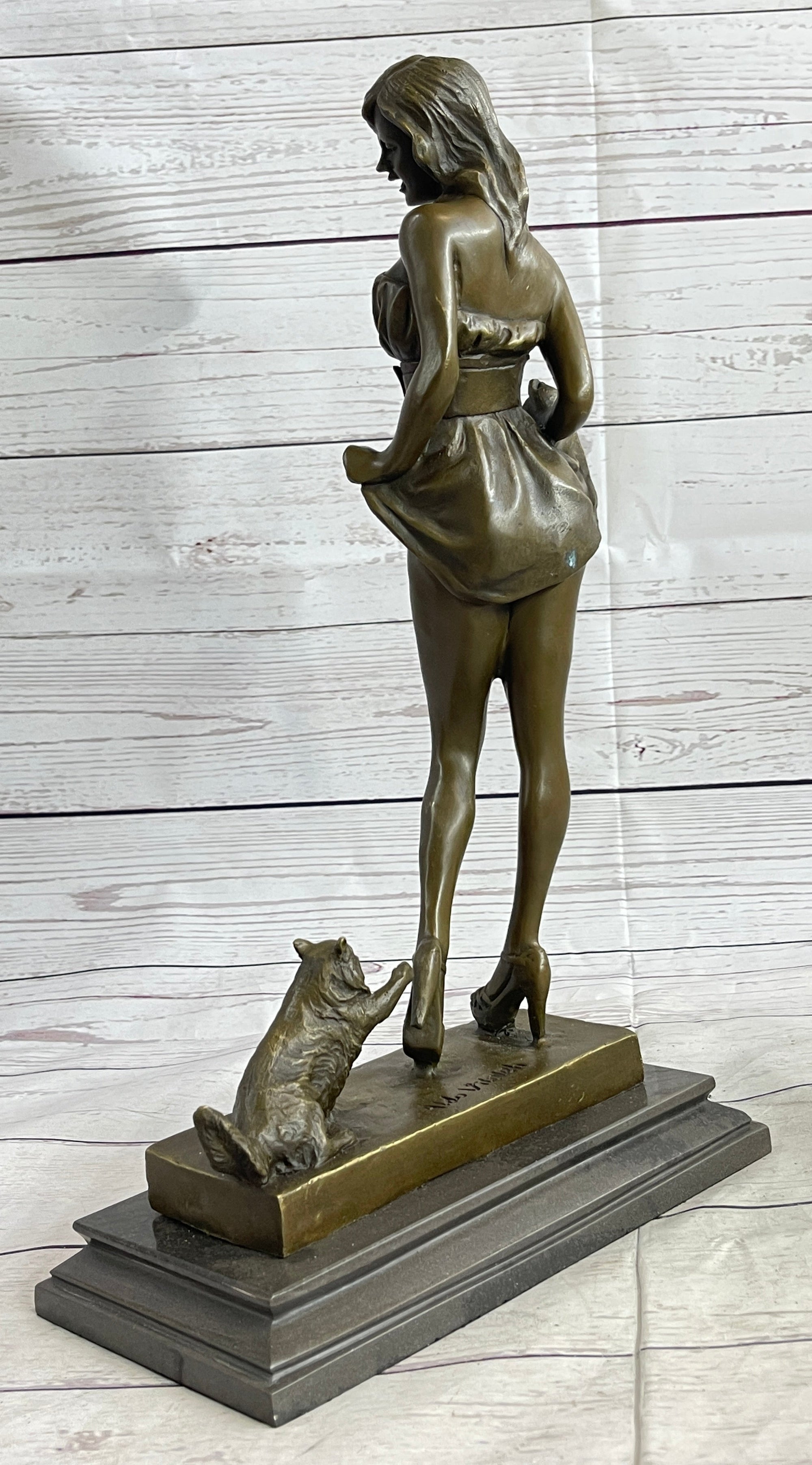 Sexy Playful Girl w/ Kitten Cat Bronze Modern Art Statue Sculpture Vitaleh Original 16" x 9"
