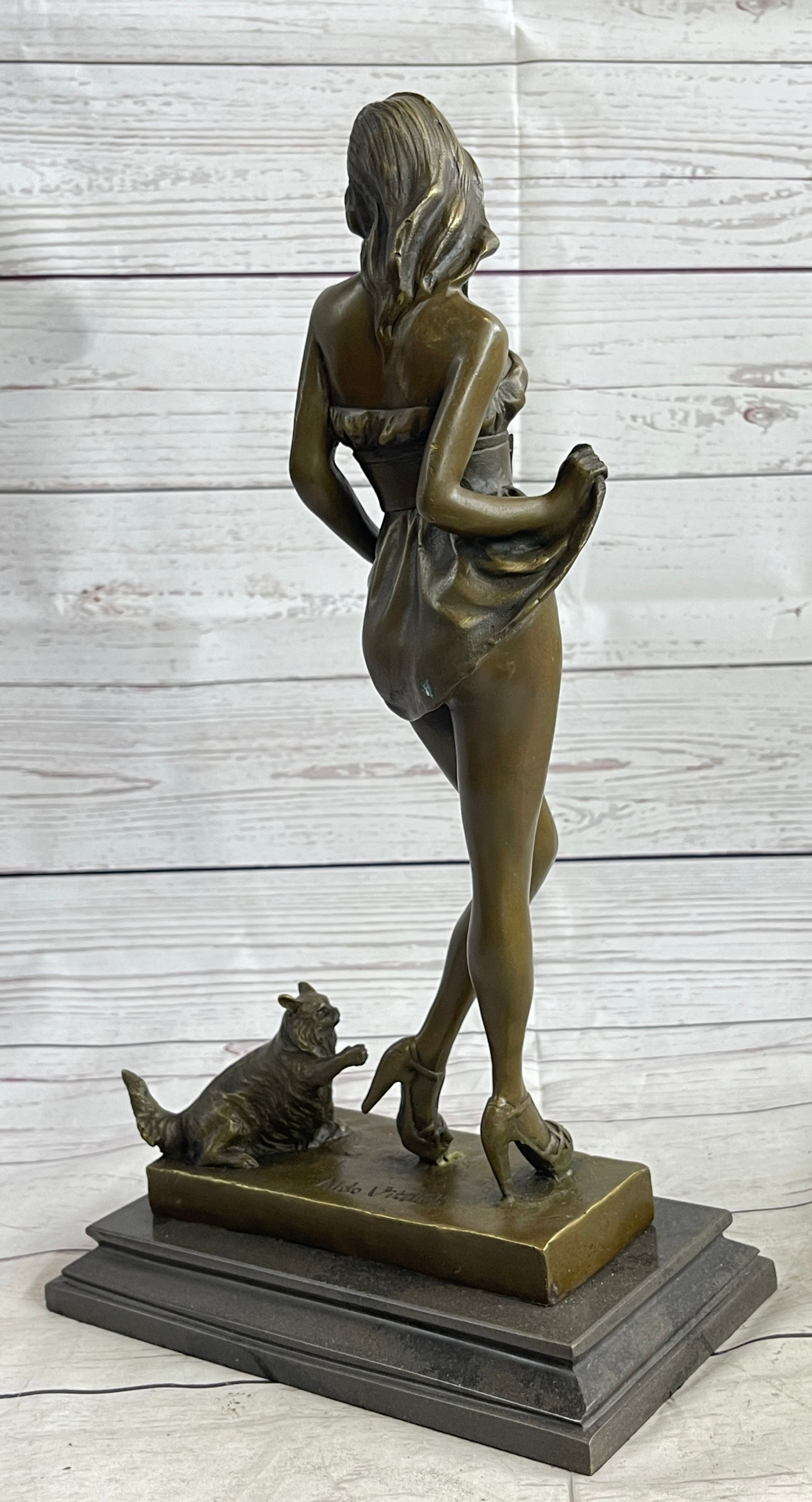 Sexy Playful Girl w/ Kitten Cat Bronze Modern Art Statue Sculpture Vitaleh Original 16" x 9"