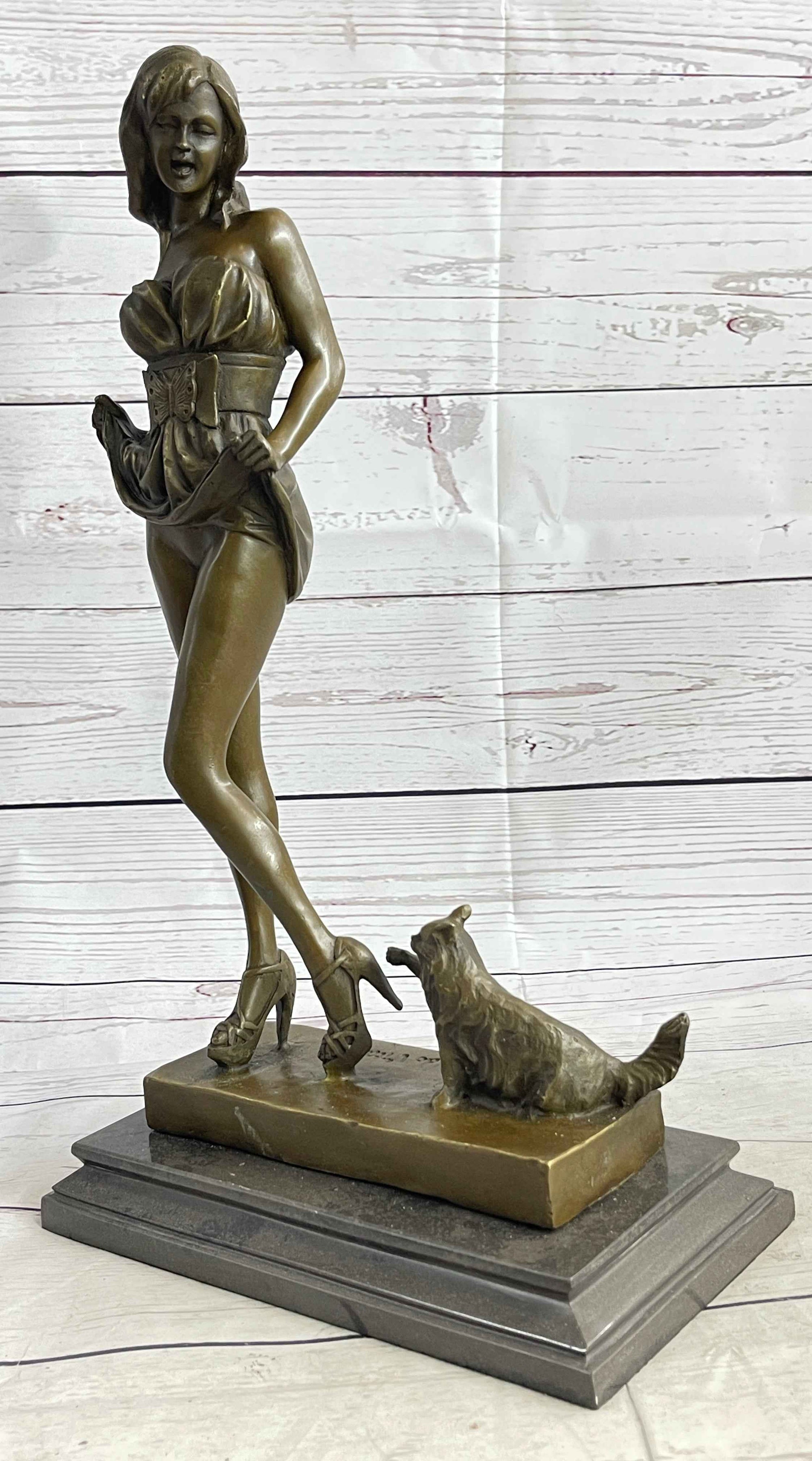 Sexy Playful Girl w/ Kitten Cat Bronze Modern Art Statue Sculpture Vitaleh Original 16" x 9"