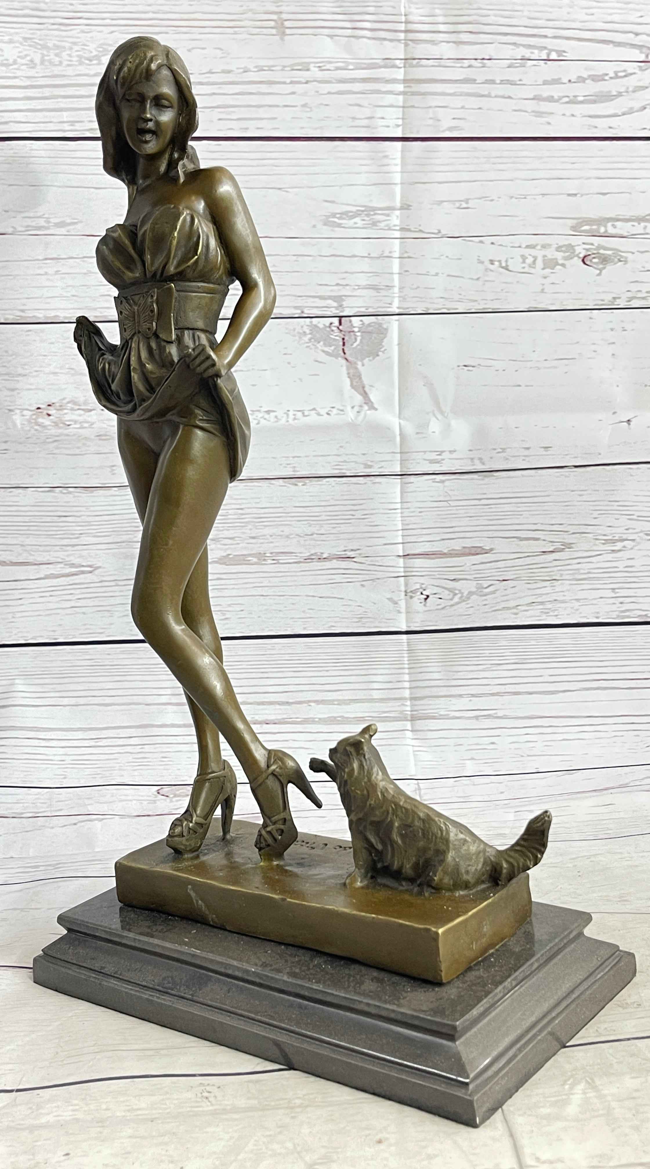 Sexy Playful Girl w/ Kitten Cat Bronze Modern Art Statue Sculpture Vitaleh Original 16" x 9"