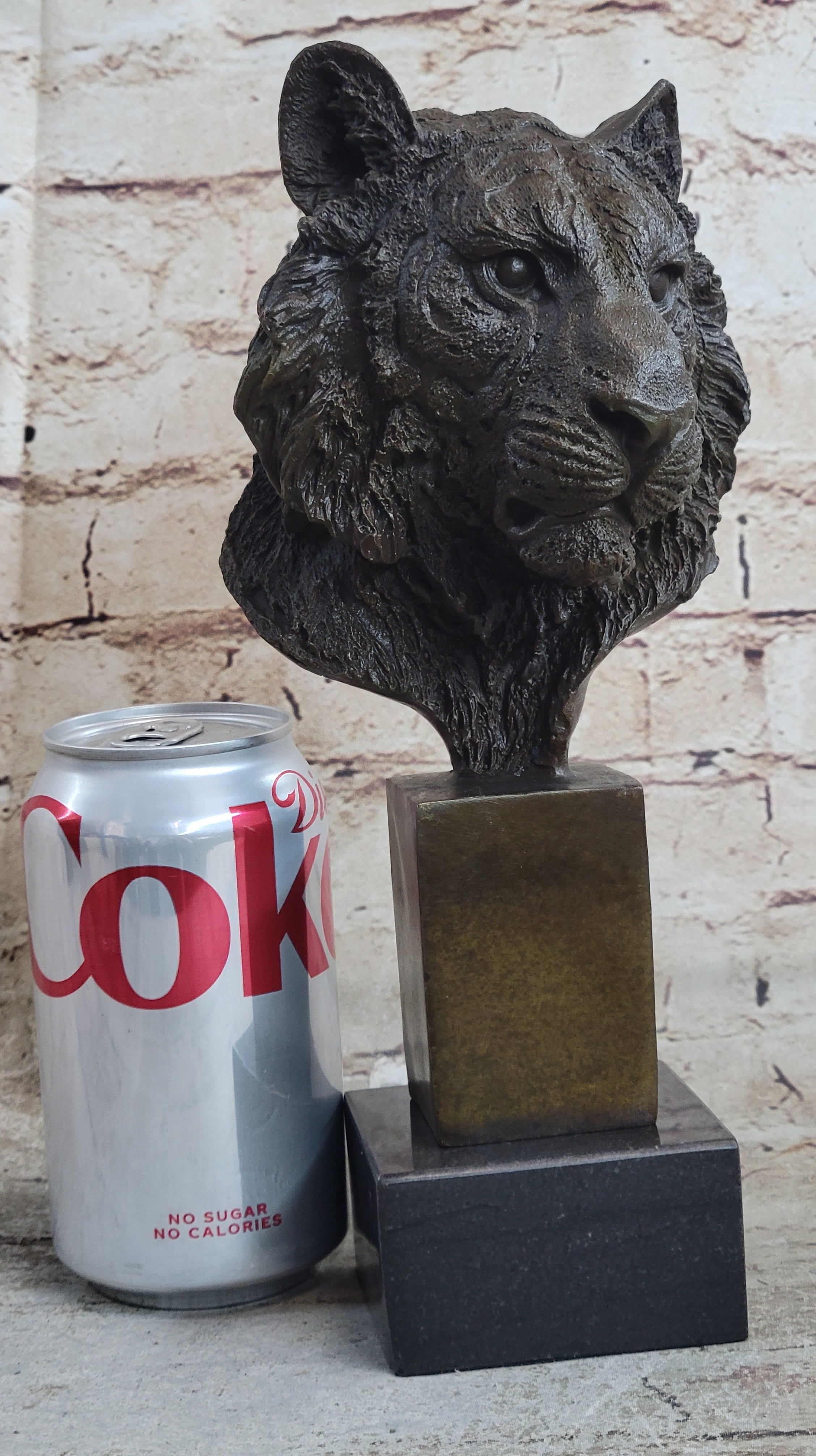 Tiger Bronze Metal Bust Statue Sculpture Tigers Head Marble Base 10" x 5"