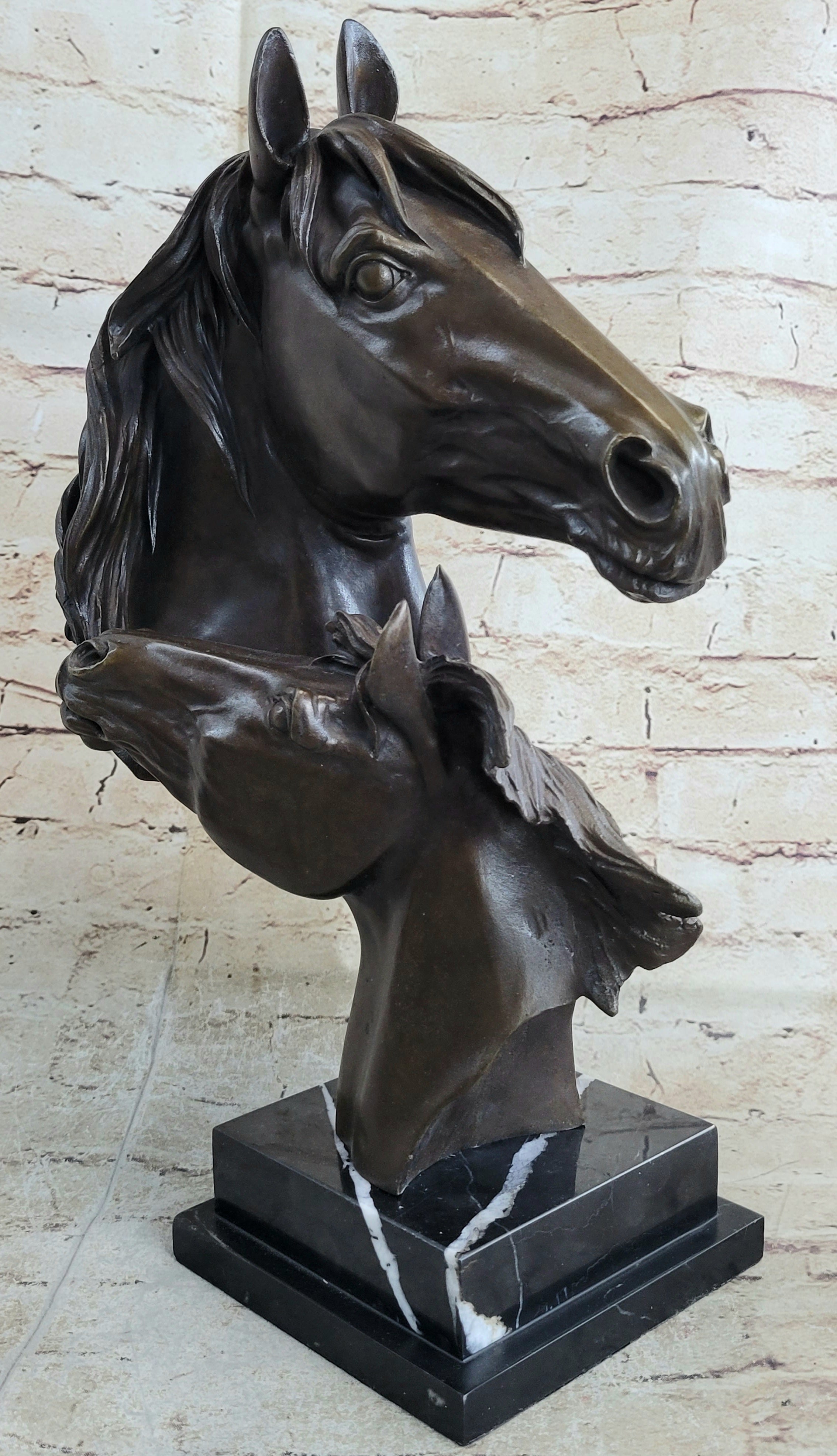 Two Horses Bust Sculpture Real Bronze Signed Original Equine Art by Milo on Marble Base